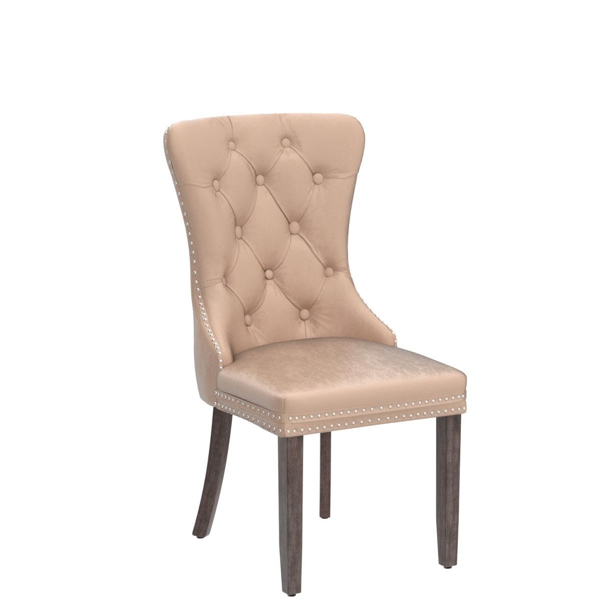Virabit Velvet Dining Chairs Set of 4 - Tufted Upholstered Kitchen Chairs with Nailhead Trim & Solid Wood Legs, Mid Century Modern Style for Dining Room, Bedroom or Office (Khaki) | Comfortable Seating for Family Meals, Entertaining Guests & Home Decor