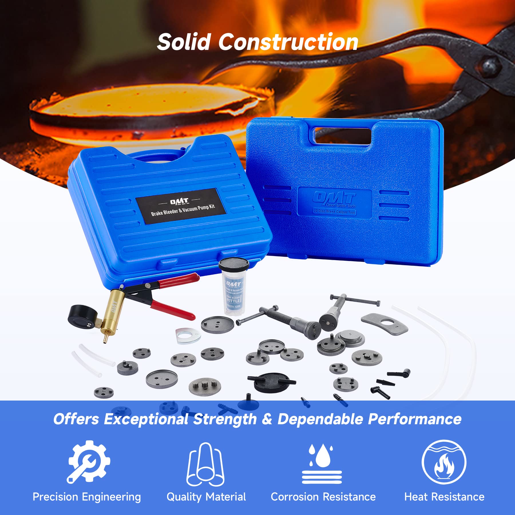 Orion Motor Tech 2-in-1 Brake Caliper Compression Tool & Brake Bleeder Kit - Handheld Vacuum Pump Brake Bleeder Set with Thrust Bolt Retaining Plates & 18 Adapters - Professional Disc Brake Pad Service Tool for Car, Truck & Motorcycle Maintenance