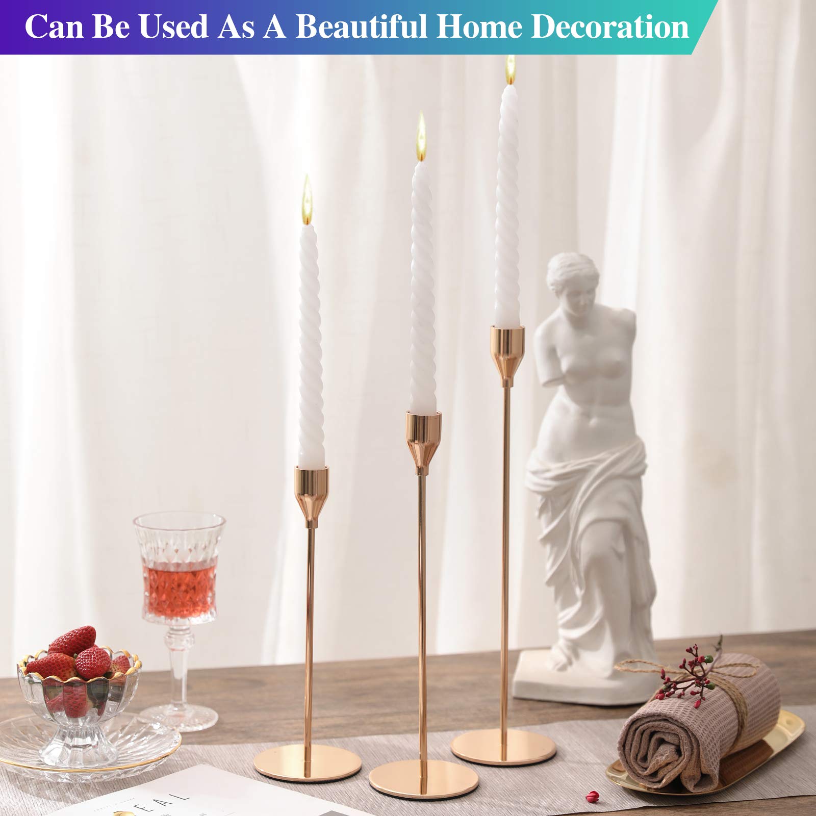 Set of 6 Pink Gold Candlestick Holders - Elegant Taper Candle Holders for Home Decor, Wedding Centerpieces, Dining Table, Party & Anniversary Decorations | Romantic Ambiance Lighting for Dinner Parties, Holiday Tablescapes & Special Occasions