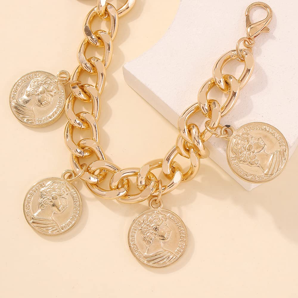 Chunky Chain Bracelet for Women - Punk Cuban Curb Link Bracelet with Golden Coin Charm | Stylish Statement Jewelry for Casual Outfits, Parties & Everyday Wear