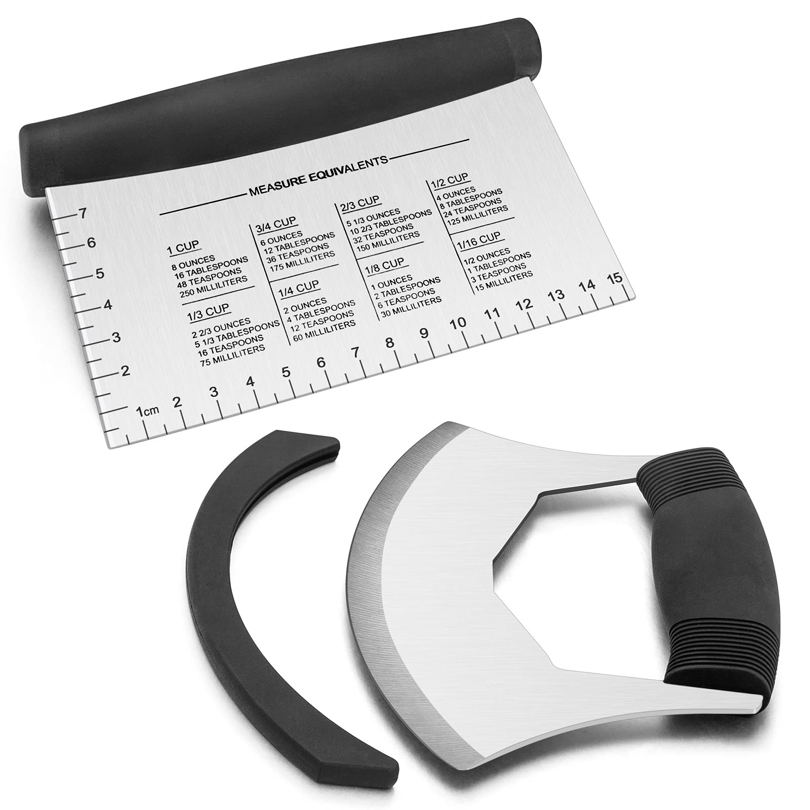HaSteeL 2-Piece Heavy Duty Bench Scraper & Dough Cutter Set - Stainless Steel Mezzaluna Knife with Protective Cover - Ideal for Chopping Pastry, Vegetables, Herbs, Pizza & Salad Prep - Dishwasher Safe Kitchen Tool for Baking & Cooking
