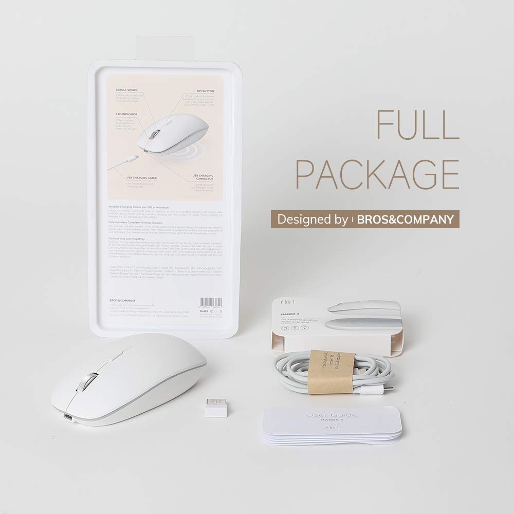 POUT H4 Qi Wireless Charging Rechargeable Mouse - Silent Ambidextrous Optical Mouse for Office & Home Use - Compatible with Wireless Chargers - Perfect for Desk Work, Gaming & Travel (White)