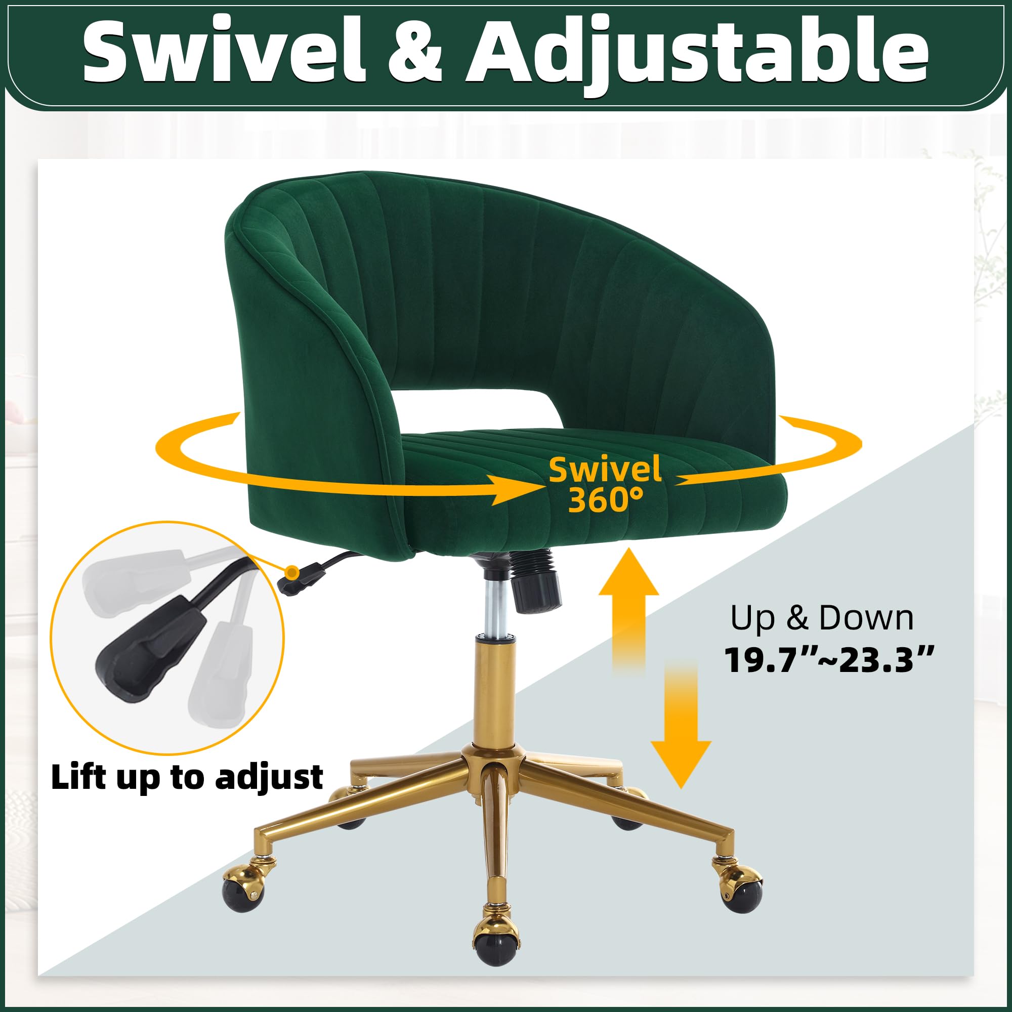 ABET Ergonomic Velvet Desk Chair with Wheels - Adjustable Swivel Office Chair with Gold Base for Home & Workspace - Modern Upholstered Armchair for Living Room, Bedroom & Vanity (Dark Green) - Perfect for Remote Work, Gaming & Study Sessions