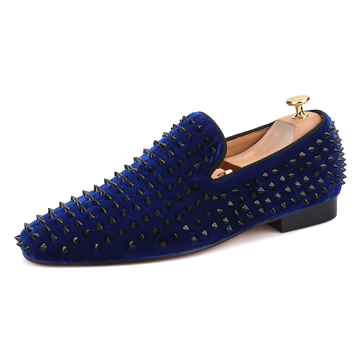 Royal Blue Velvet Men's Loafers with Spikes - Slip-On Dress Shoes for Smoking Slippers & Formal Occasions - Comfortable Men's Flats for Weddings, Parties & Evening Events