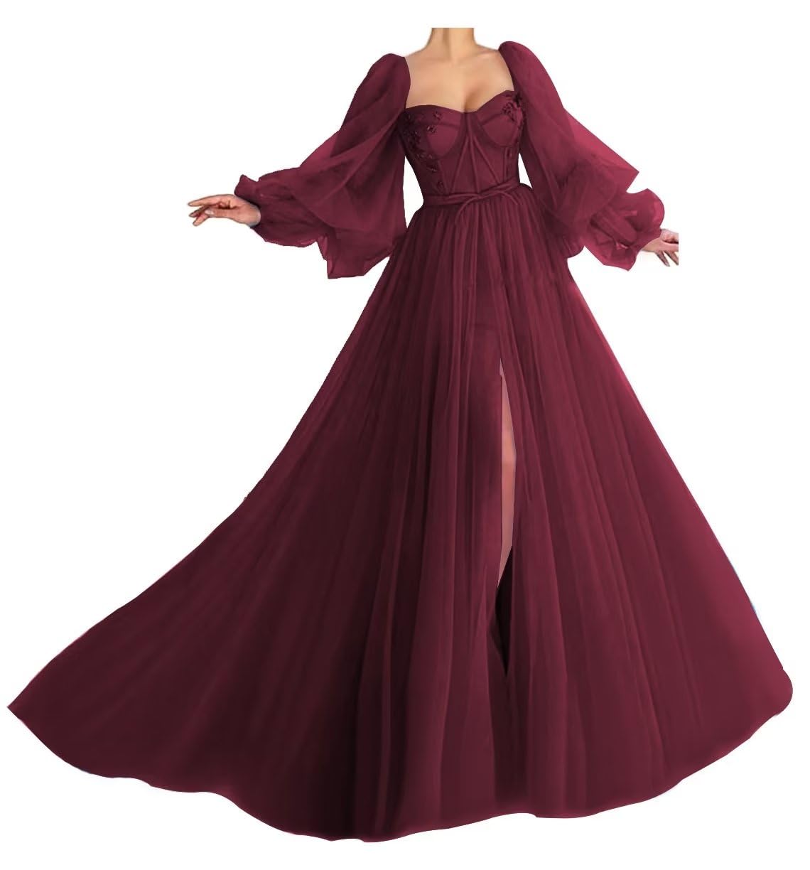Elegant Burgundy Tulle Prom Dress with Long Sleeves & Corset - Women's Puffy Ball Gown Princess Dress for Formal Events, Weddings & Special Occasions