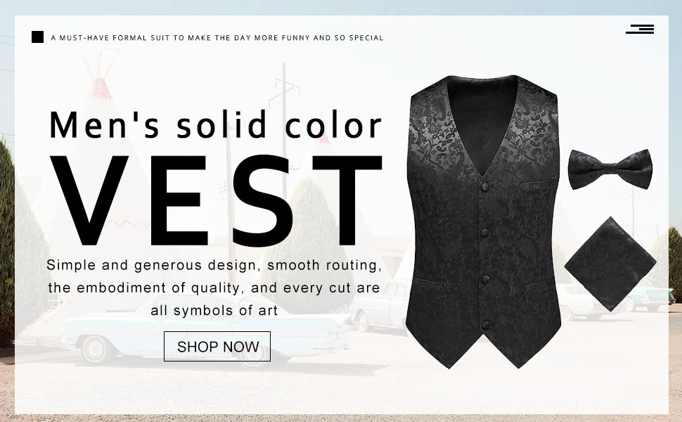 Men's Solid Color Printed Vest Black - Formal Waistcoat with Bow Tie & Pocket Square Set for Weddings, Parties & Business Events