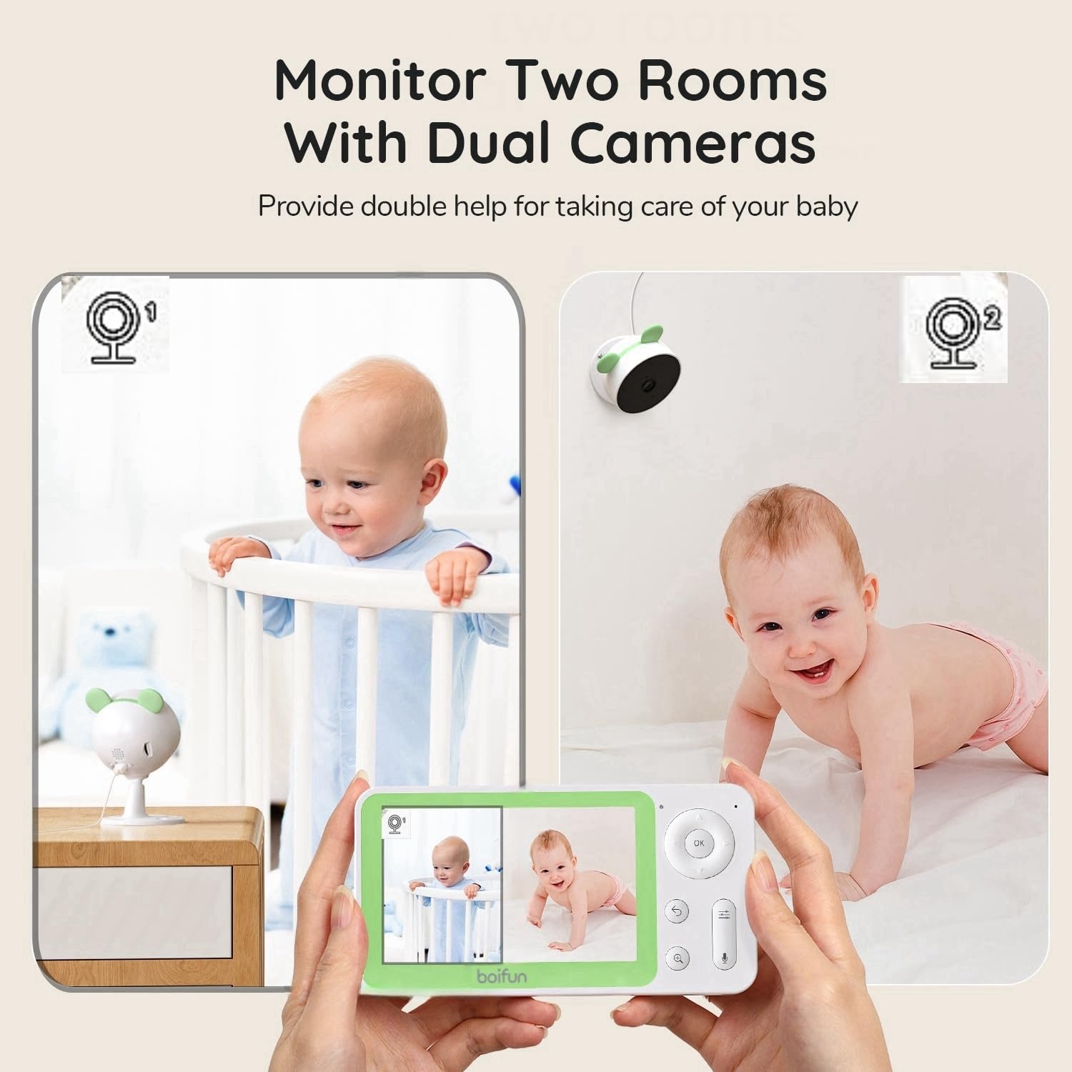 BOIFUN 1080P HD WiFi Baby Monitor with Split Screen, 2 Cameras & Smartphone App - AI Motion/Sound Detection, 4.3