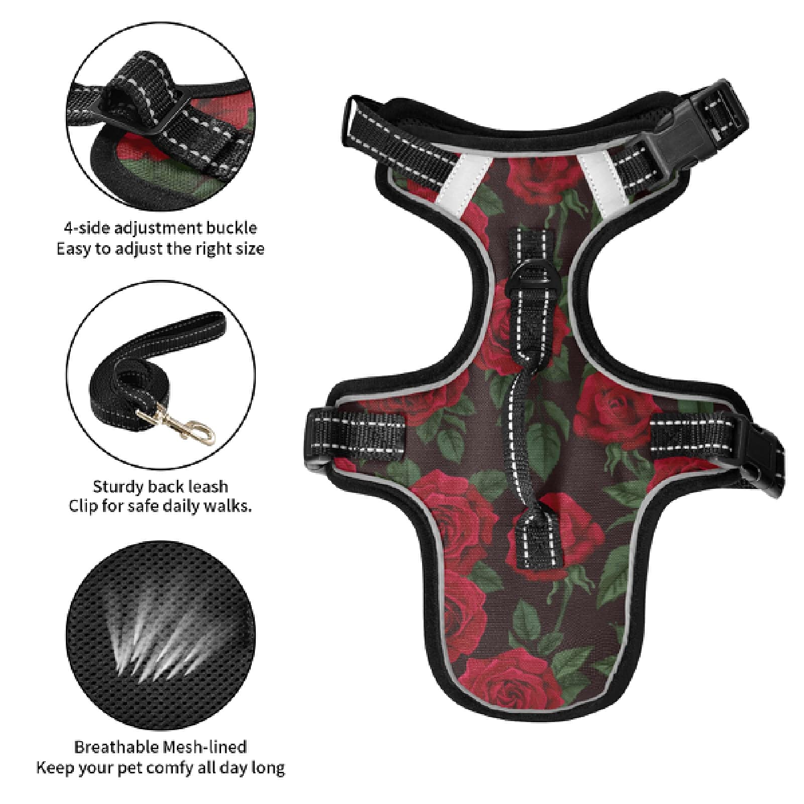 Xigua Rose Flower Dog Harness - No Pull Reflective Pet Vest for Small & Medium Dogs, Breathable Nylon Handle - Perfect for Walking, Training & Nighttime Safety