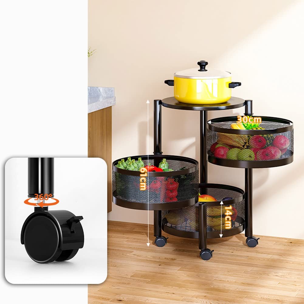 360° Rotating Multi-Layer Kitchen Storage Shelf - Round Fruit & Vegetable Organizer Basket with Wheels | Space-Saving Storage Cart for Kitchen, Pantry, Bedroom, Bathroom | Perfect for Small Apartments, Dorms & RVs