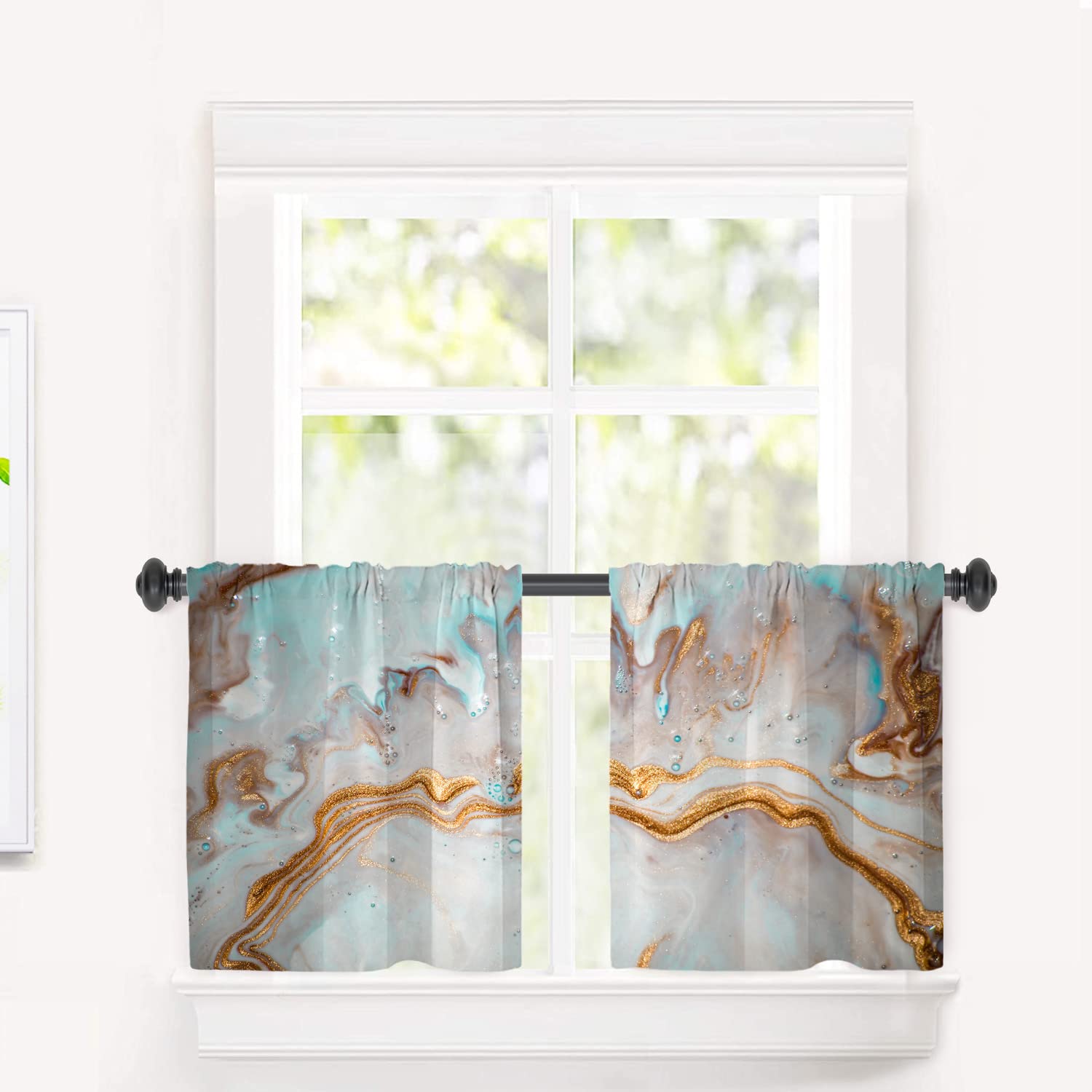 Blue Modern Marble Kitchen Tier Curtains - Steel Blue Abstract Blackout Valances, 2-Pack 26x24 Inch Multilayer Polyester Window Treatments for Kitchen & Dining Room | Perfect for Home Decor, Privacy & Light Control