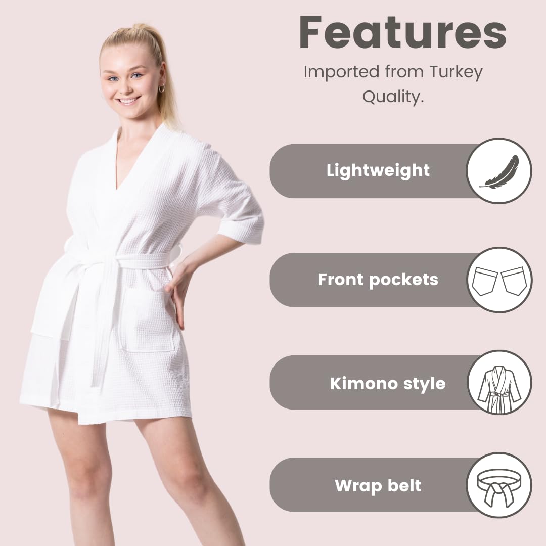 Premium Short Waffle Robe for Women & Men - Soft Cotton Polyester Blend Bathrobe with Square Weave - Lightweight Spa Robe for Lounge, Beach Cover-Up & Hotel Style Relaxation