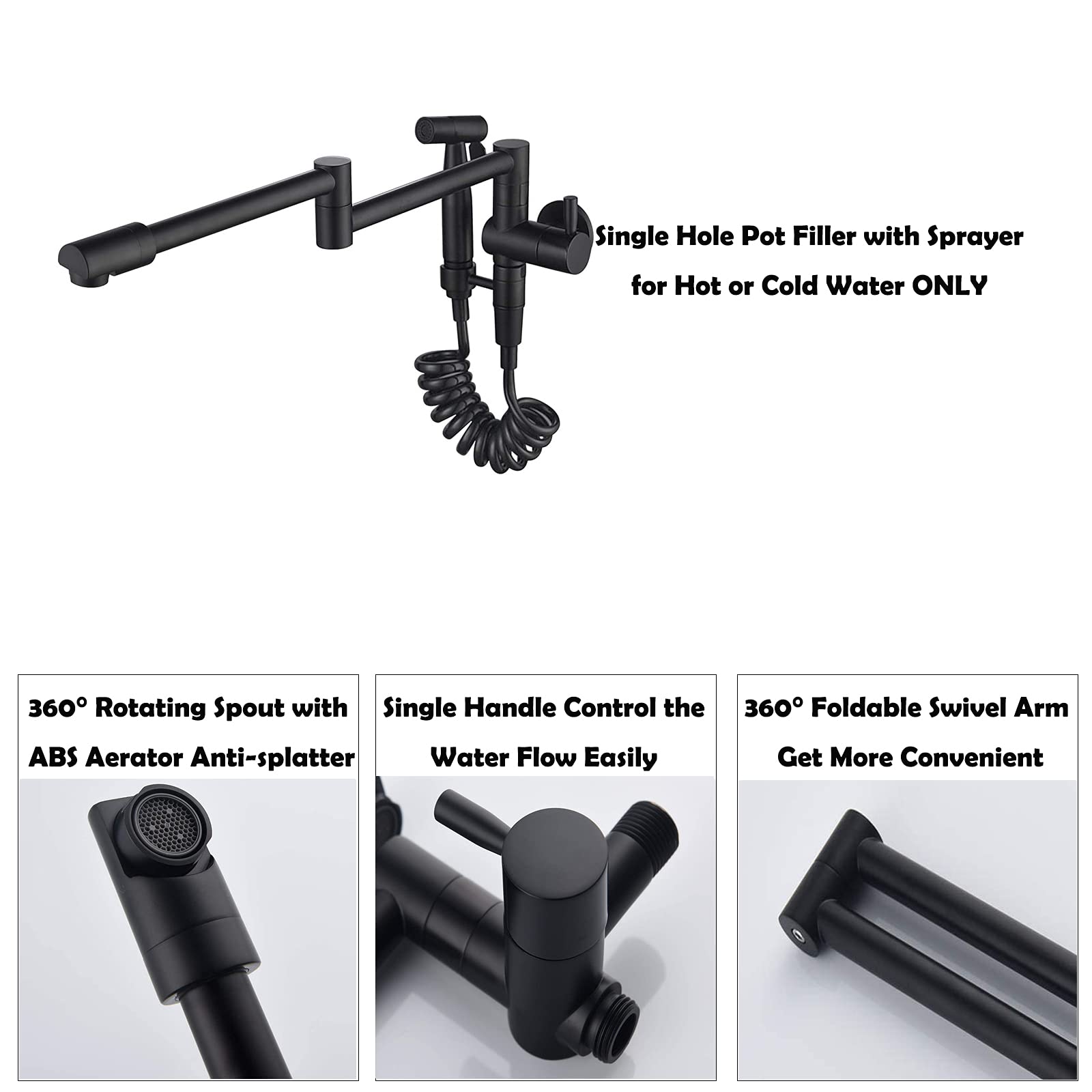 Biveah Brass Black Pot Filler Faucet - Retractable Wall Mount Kitchen Sink Faucet with Side Sprayer & Single Handle (Model KLB002B) - Perfect for Commercial Kitchens & Home Cooking Stations