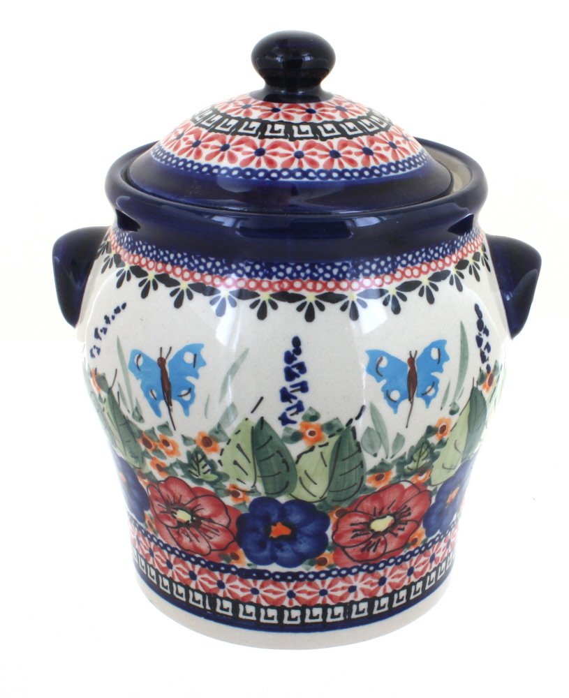 Blue Rose Polish Pottery Floral Butterfly Large Canister - Handmade Ceramic Storage Jar for Kitchen, Bathroom & Home Decor | Perfect for Flour, Sugar, Coffee & Dry Food Storage