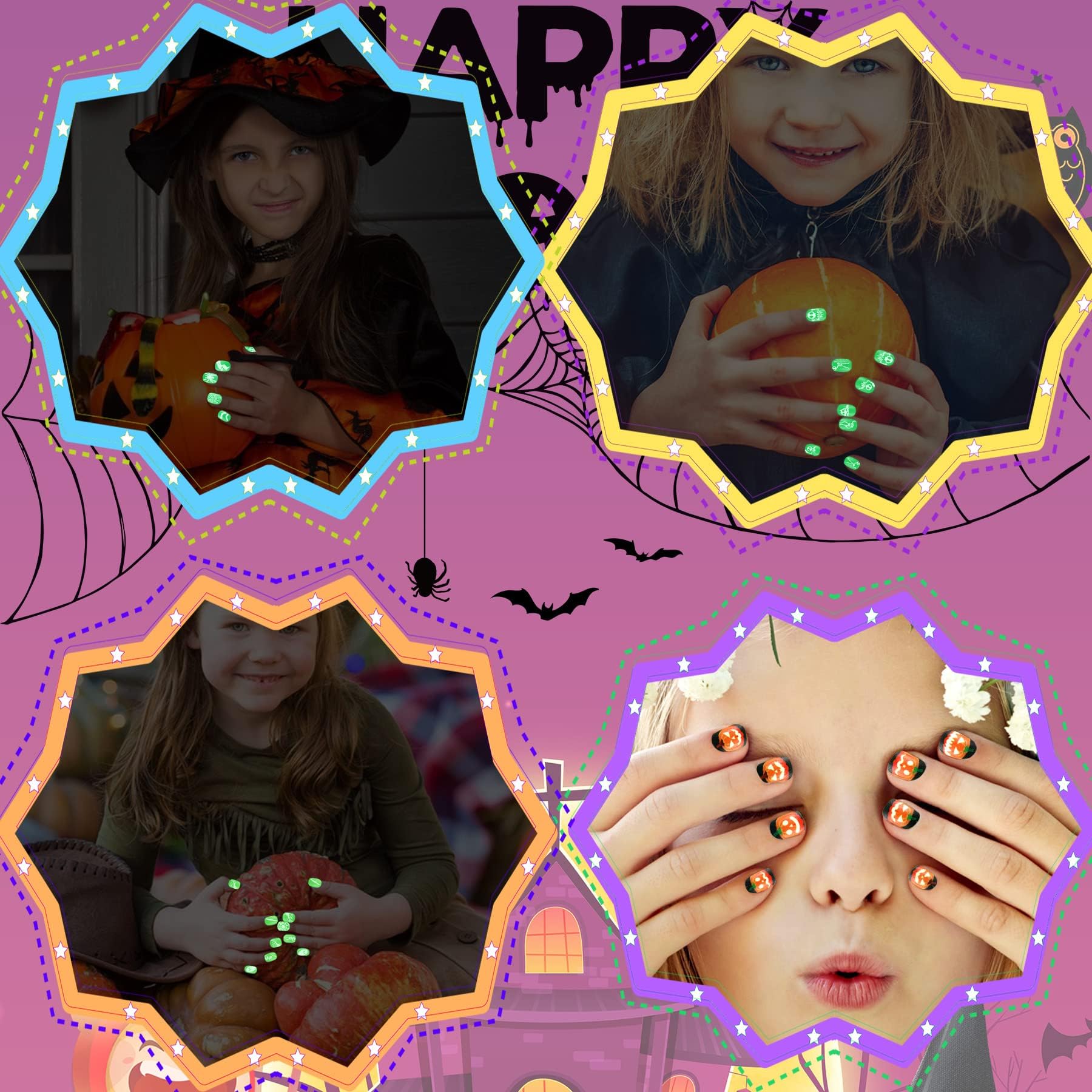 JANYUN Halloween Glow in the Dark Kids Fake Nails - 192 Pcs Short Glowing False Nails with Pumpkin, Spider & Bat Designs for Girls, Nail Art Party & Halloween Costume Accessories (Perfect for Trick-or-Treating, Costume Parties & Spooky Nail Decorations)