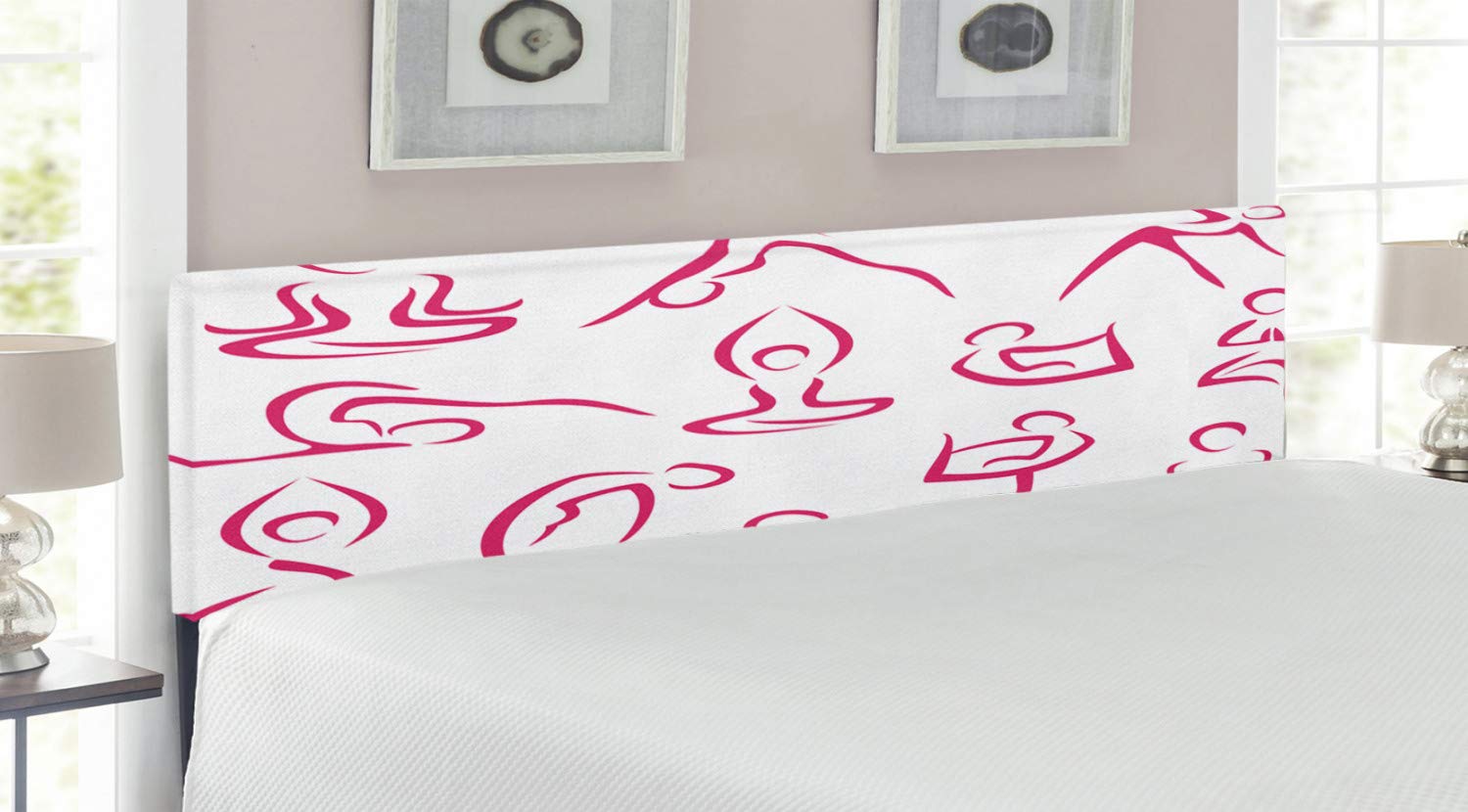 Ambesonne Yoga Headboard - Doodle Style Women's Exercise Poses for Workout & Healthy Lifestyle | Upholstered Decorative Metal Bed Headboard with Memory Foam | King Size in Pink & White | Perfect for Yoga Studios, Home Gyms & Meditation Spaces