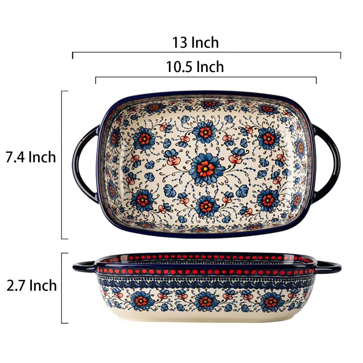Vintage Style Ceramic Casserole Dish - 60oz Large Capacity Baking Pan for Lasagna, Casseroles & Oven Cooking - Heavy Duty Pottery Bakeware with Handles - Perfect for Family Dinners, Holiday Meals & Kitchen Baking