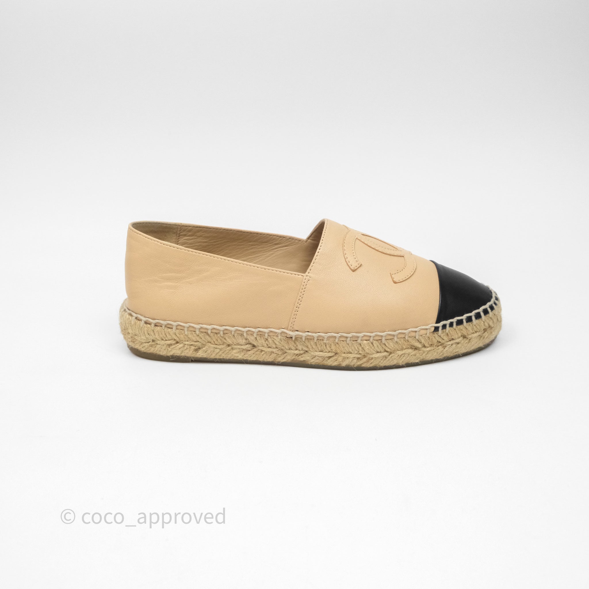 Chanel CC Logo Espadrilles in Beige & Black Lambskin - Women's Size 36 | Comfortable Luxury Flats for Casual Outings & Summer Fashion