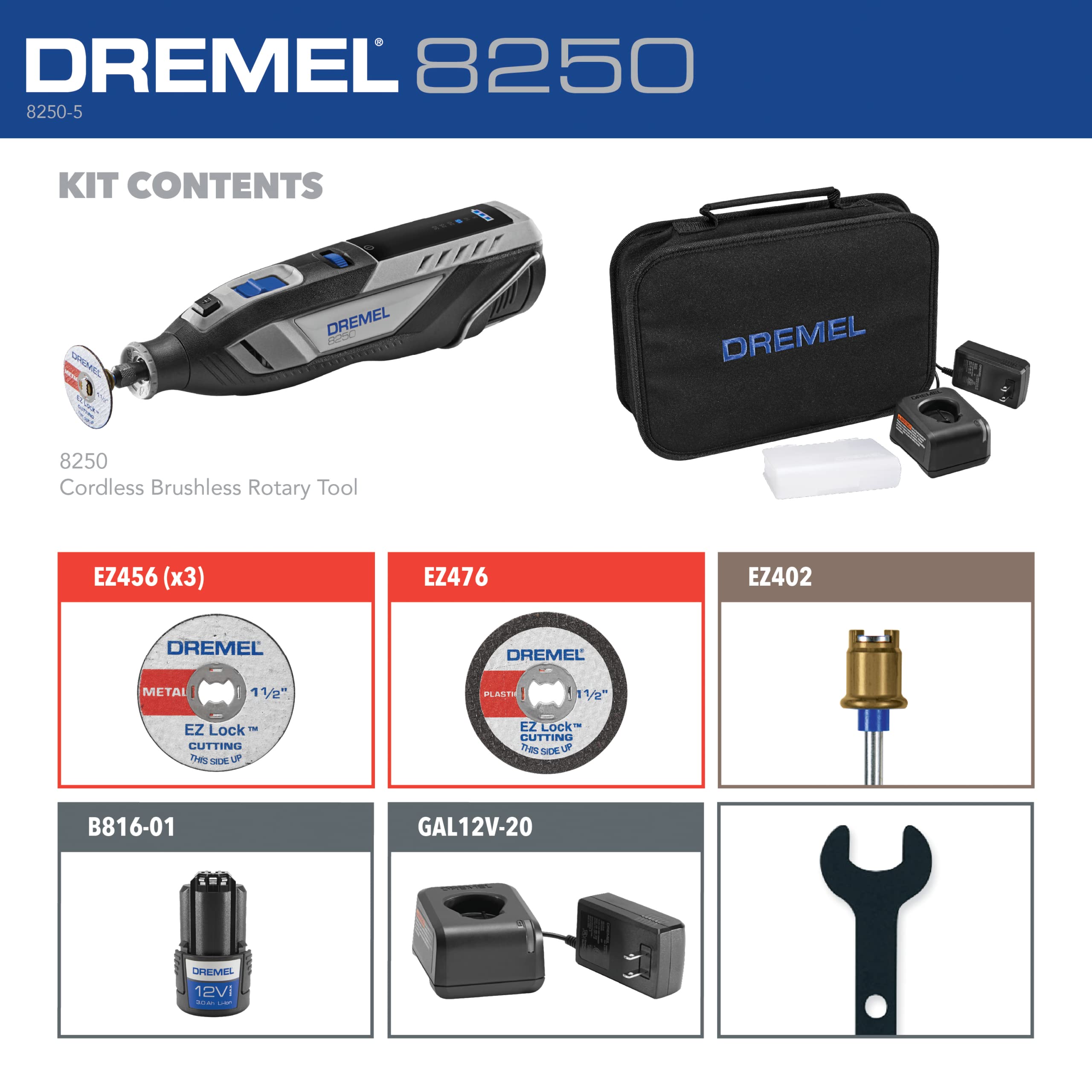 Dremel 8250 12V Cordless Rotary Tool with Brushless Motor - Variable Speed, 5 Accessories, 3Ah Battery & Charger Included - Perfect for DIY Projects, Woodworking, Metal Engraving & Crafting