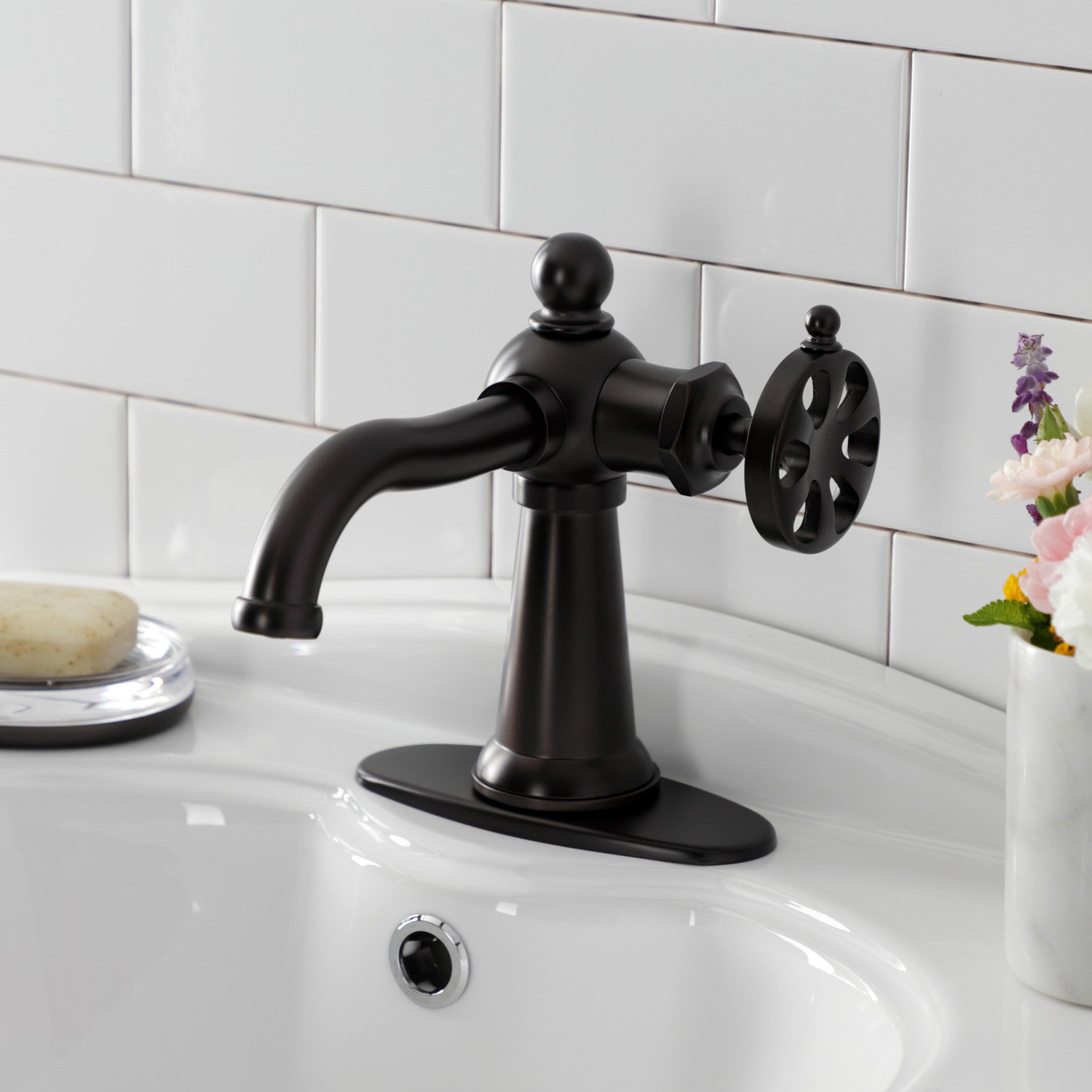 Belknap KSD3545RX Single Handle 1-Hole Bathroom Sink Faucet with Deck Plate & Push Pop-Up Drain - Oil Rubbed Bronze Finish for Modern Bathroom Vanity & Powder Room Upgrade