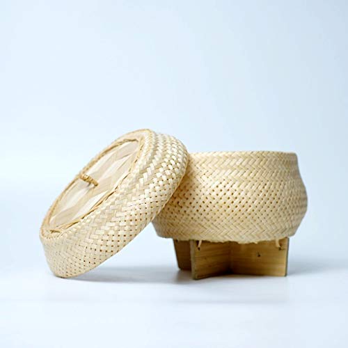 Premium Bamboo Rice Steamer Basket - Handwoven Thai Kratip Container for Sticky Rice & Asian Food - 5-Inch Small Size with Stand - Perfect for Thai, Laos & Asian Cuisine, Kitchen Decor & Eco-Friendly Cooking