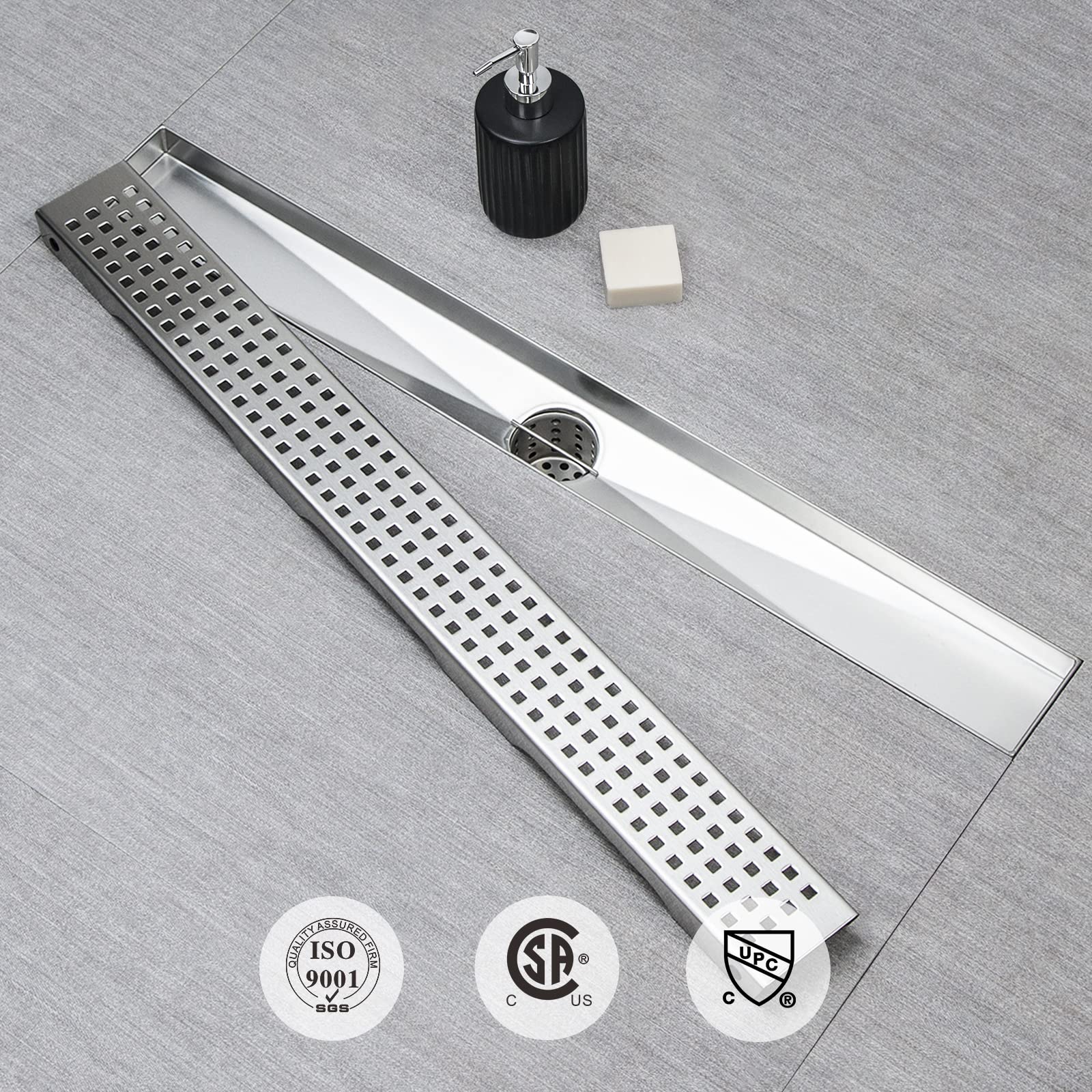 SaniteModar 60-Inch Linear Shower Drain - AISI 304 Brushed Stainless Steel with Removable Square Hole Panel, Adjustable Feet & Hair Catcher - Perfect for Modern Bathroom Renovations and Walk-In Showers