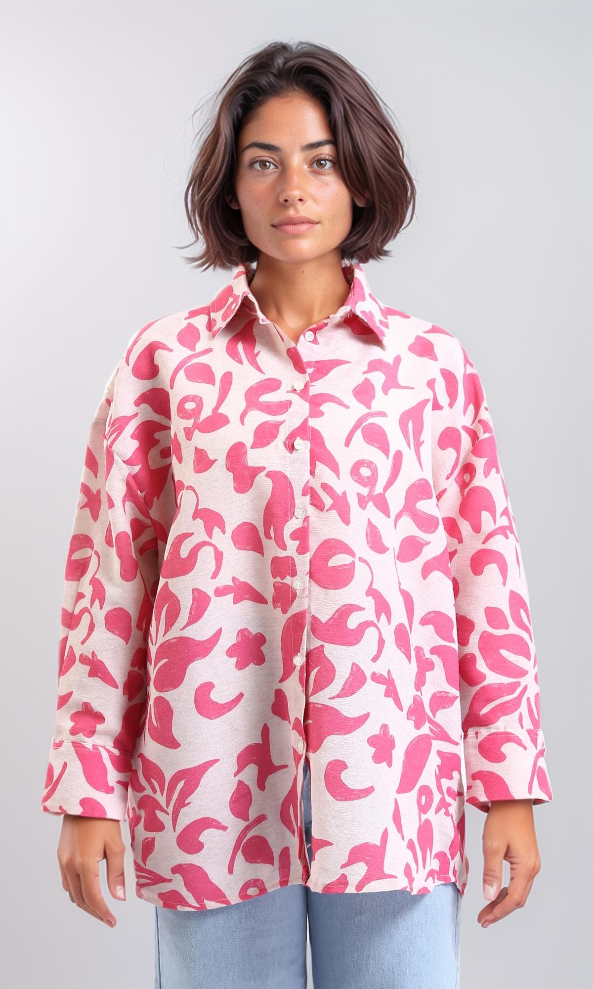 Floral Print Long Sleeve Button Down Shirt for Women - Fuchsia & Beige - Office Wear, Casual Outfits & Spring Fashion