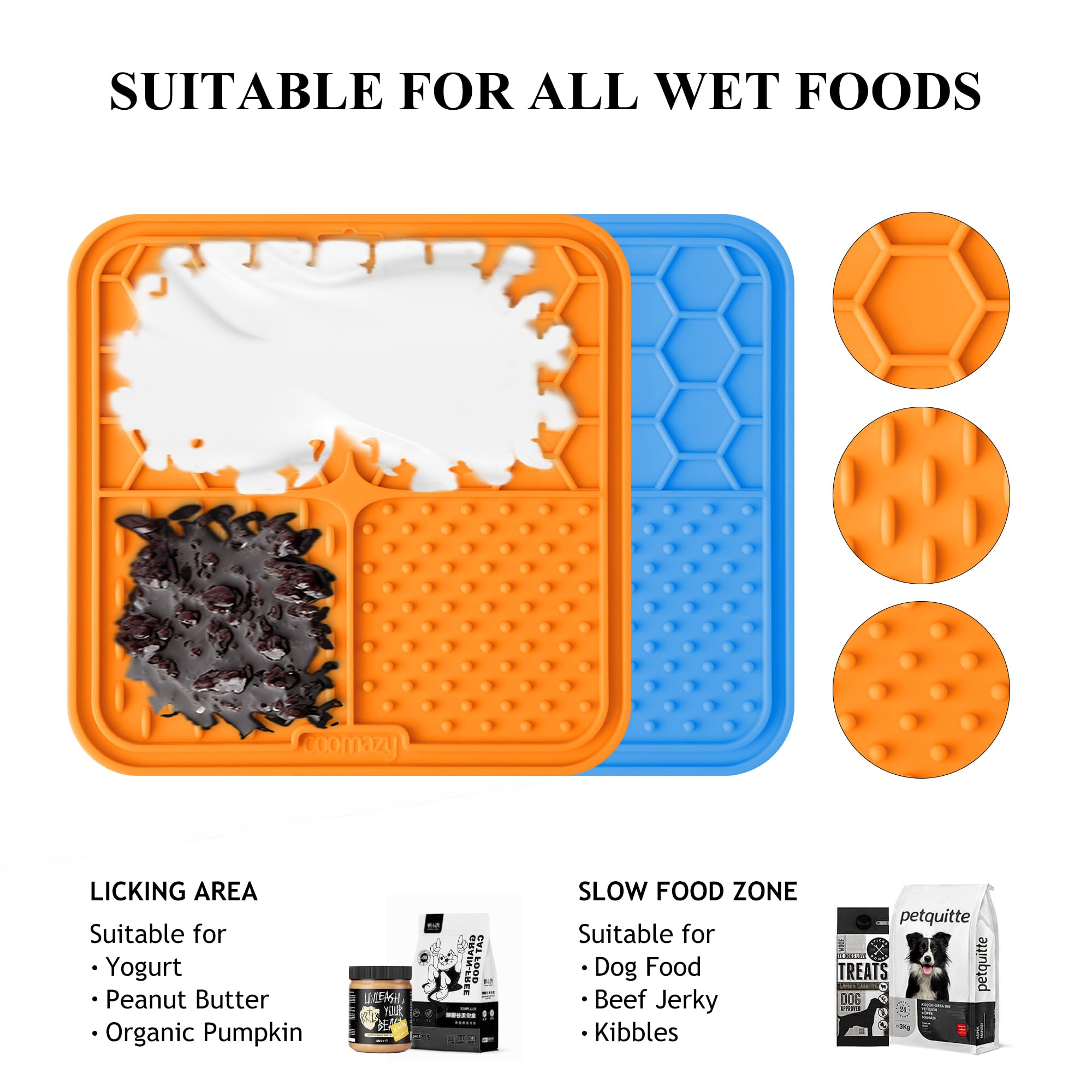 Coomazy 2-Pack Slow Feeder Lick Mat for Cats & Dogs - Non-Slip Pet Anxiety Relief Toy for Yogurt, Peanut Butter & Treats - BPA Free, Non-Toxic (Blue/Orange) - Perfect for Mealtime Fun & Stress Reduction