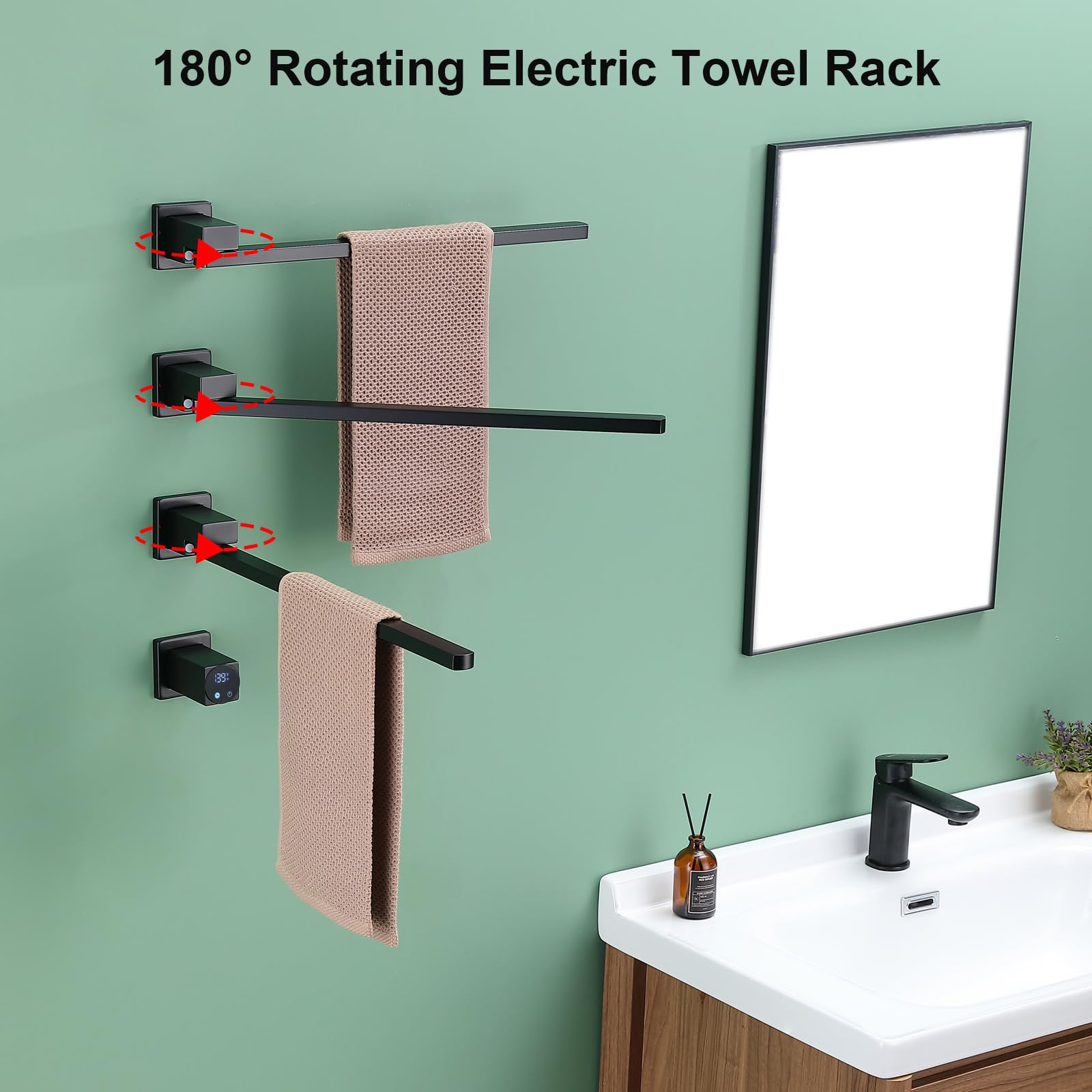 Digital Display Heated Towel Rack with WiFi Control - 180° Swivel Electric Towel Warmer with Timer (1-24H), Adjustable Temperature 115°F-145°F, 66W Concealed Bathroom Towel Rail - Perfect for Spa-Like Luxury & Quick Drying in Homes, Hotels, and Gyms