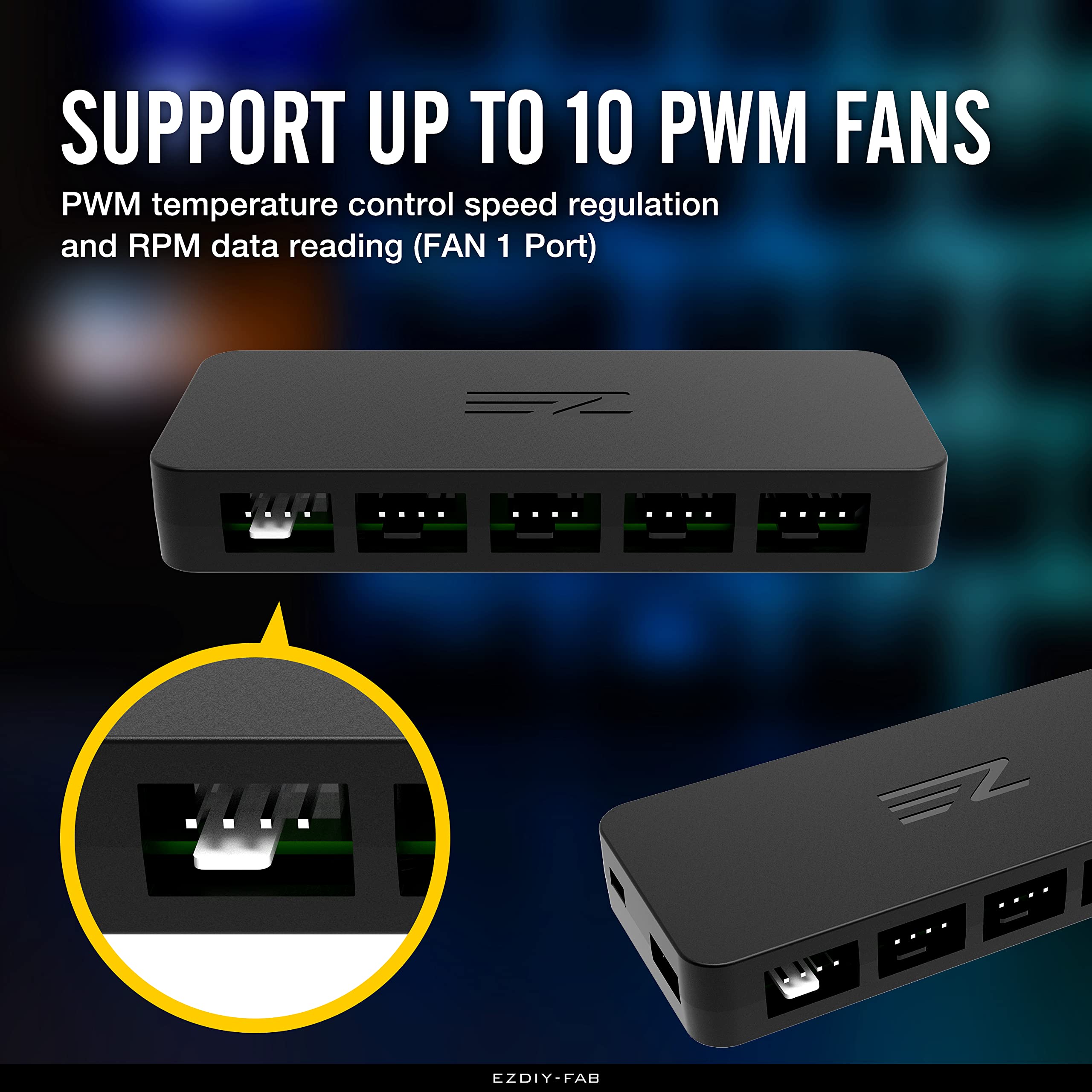 EZDIY-FAB PWM Fan Hub for 4-Pin & 3-Pin PC Fans - SATA Powered | PC Cooling Solution
