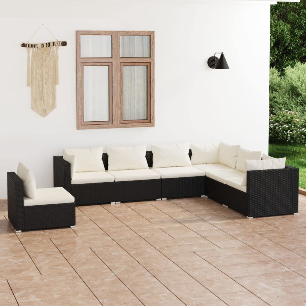 vidaXL 7-Piece Patio Lounge Set with Cushions - Black Poly Rattan Outdoor Furniture - Comfortable & Durable Garden Sofa Set - Perfect for Backyard, Poolside & Terrace Relaxation
