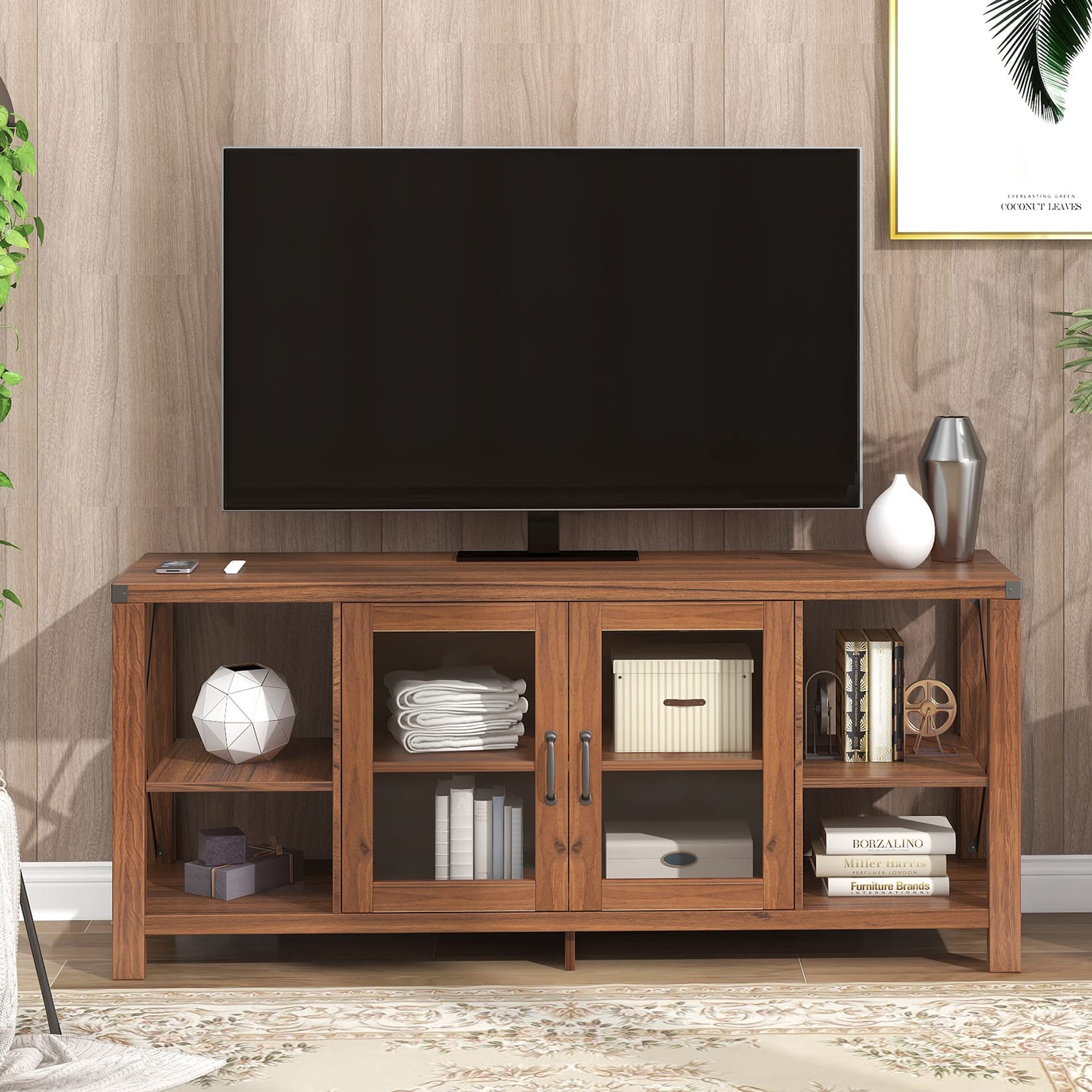 Rustic Modern TV Stand for up to 70 Inch TVs - Entertainment Center with Acrylic Glass Doors, Adjustable Shelves & 300lbs Weight Capacity - Perfect for Living Room, Bedroom or Home Theater Setup