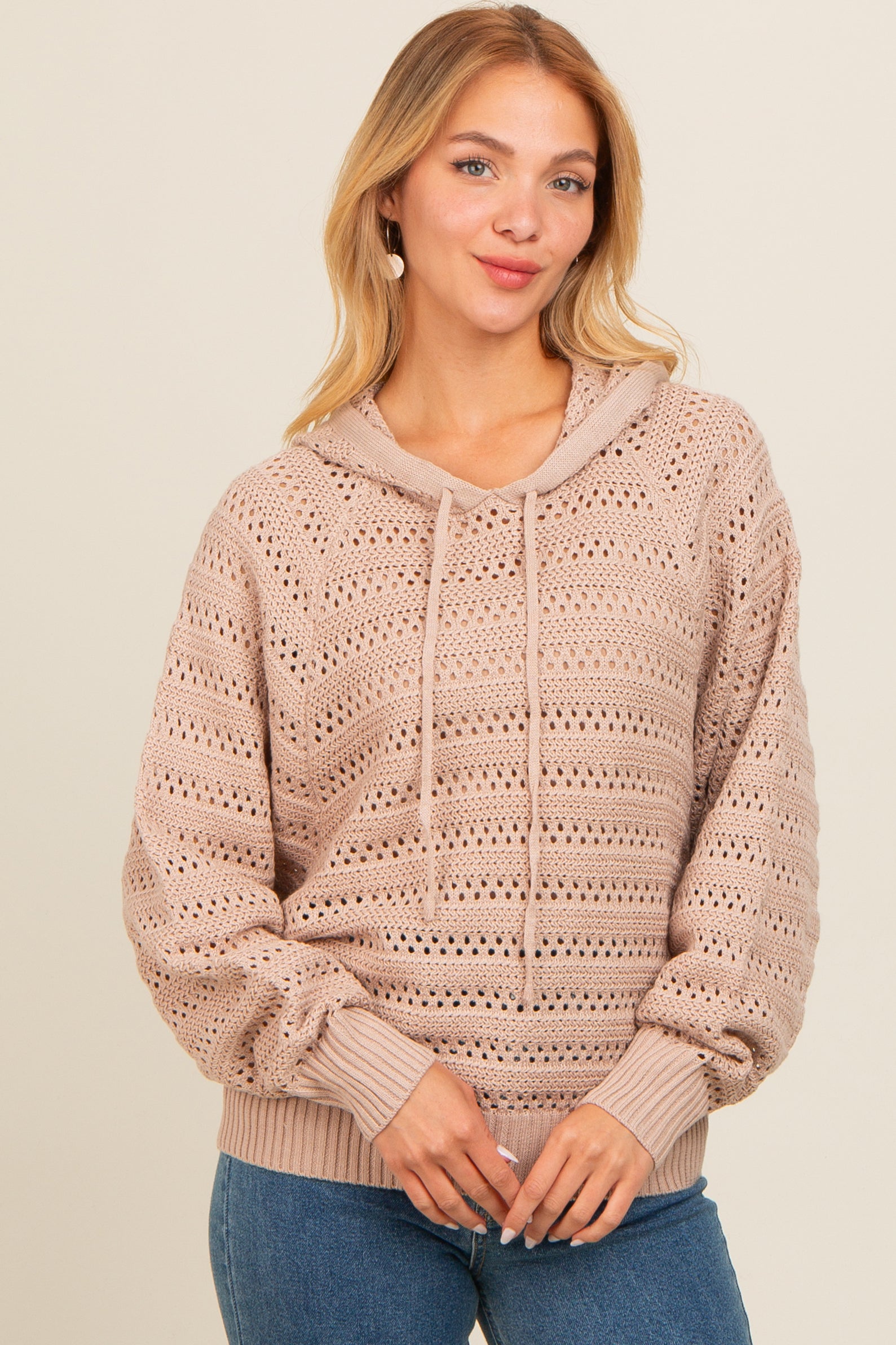 Beige Pointelle Knit Sweater for Women - Soft & Cozy Cable Knit Pullover - Winter Casual Tops for Layering or Office Wear
