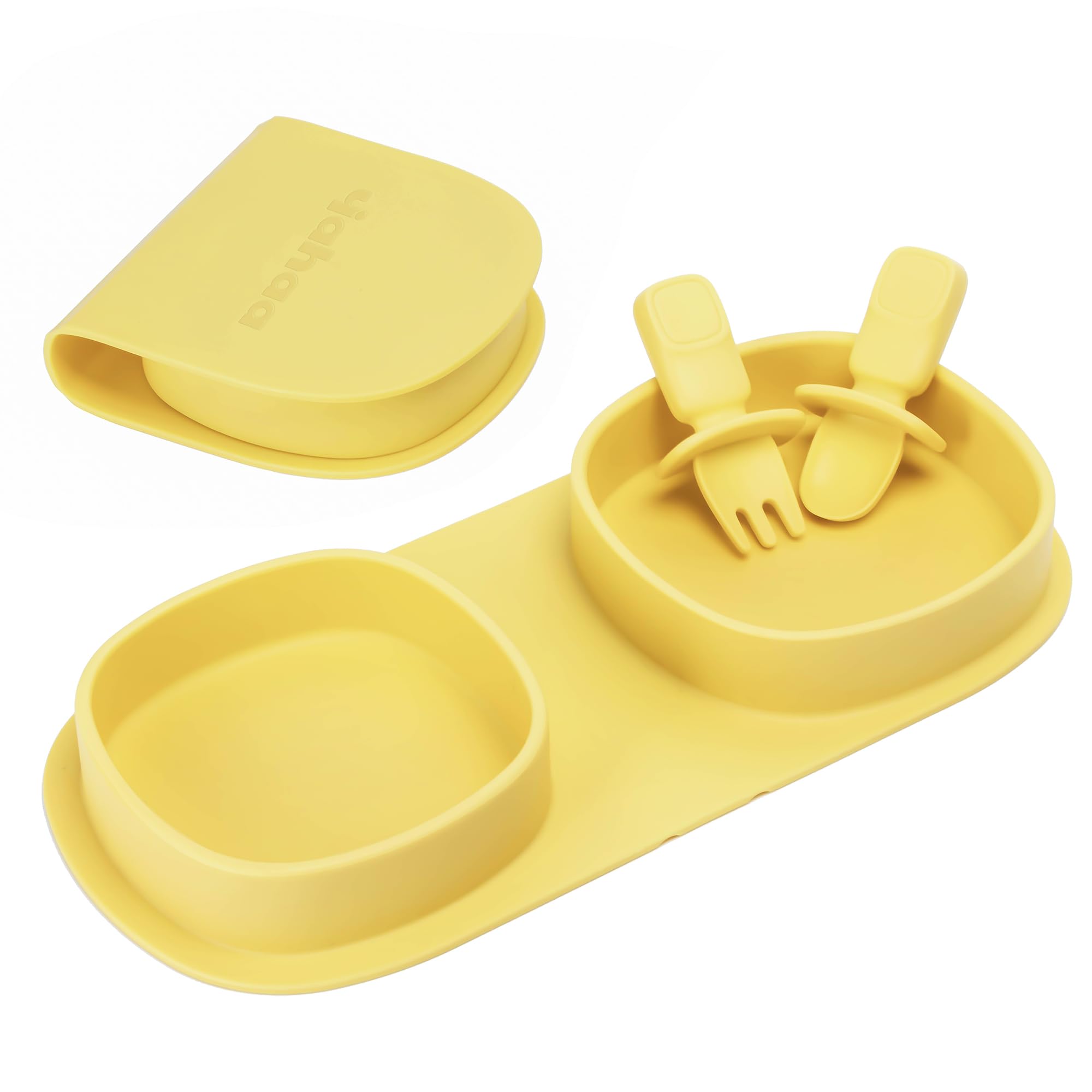Foldable Silicone Baby Plates with Forks & Spoons - BPA Free Travel Essentials for Toddlers 6+ Months | Portable Self-Feeding Dishware for On-the-Go Meals, Picnics & Airplane Travel (Lemon Design)
