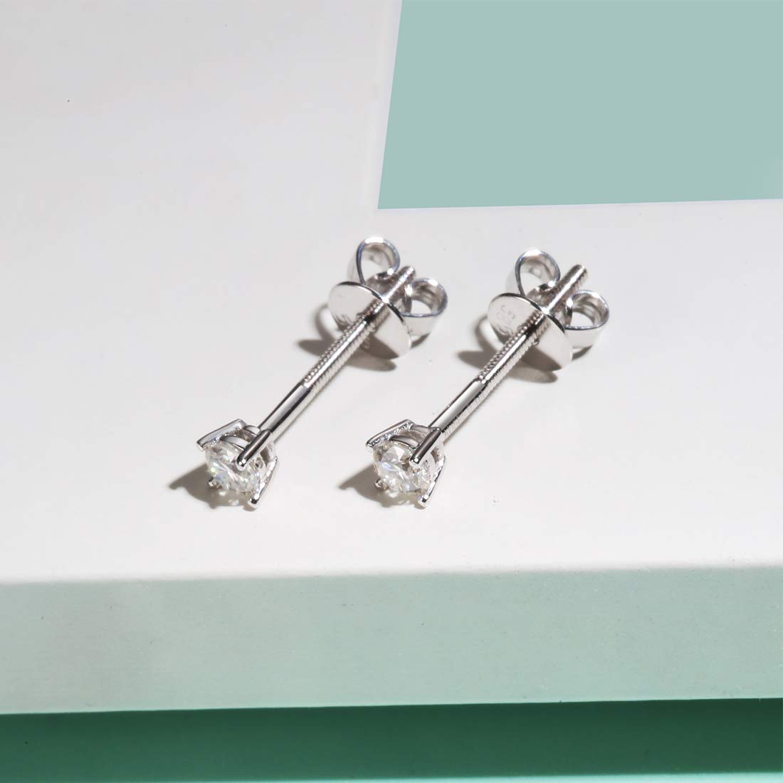 14K Solid White Gold Round 4 Prong Moissanite Stud Earrings - D-E Color VVS Clarity Simulated Diamond Jewelry for Women & Girls | Screw Back Closure | Perfect for Weddings, Anniversaries & Everyday Elegance