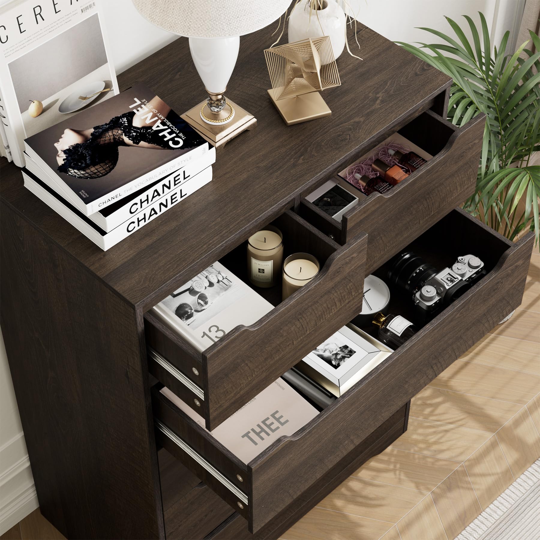 Modern 5-Drawer Wood Dresser for Bedroom - Dark Brown Storage Chest with Cut-Out Handles, Organizer Cabinet for Clothes & Accessories - Perfect for Bedroom, Living Room, Entryway & Hallway Storage Solutions