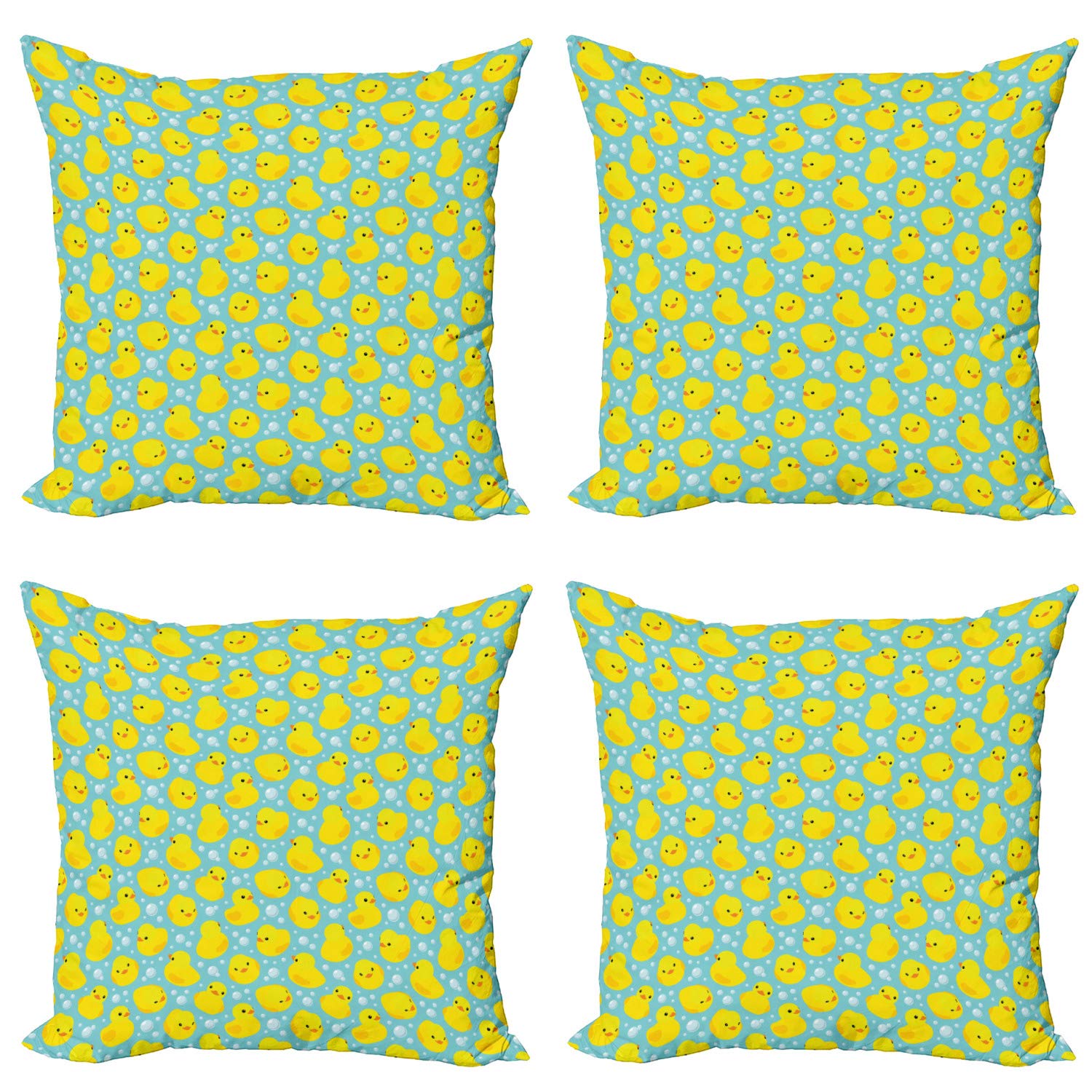 Ambesonne 4-Pack Rubber Duck Decorative Throw Pillow Covers - 20 Inch Funny Duck Pattern Cushion Covers for Sofa, Living Room & Car - Turquoise Yellow Orange Design with Water Bubbles | Perfect for Home Decor, Kids Room & Beach Theme Parties