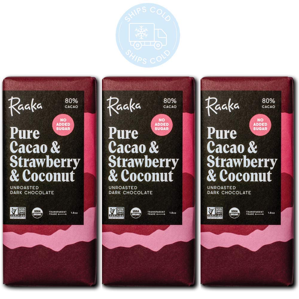 Organic Vegan Raaka Chocolate Bars - Strawberry Coconut, 3-Pack (1.8oz) - Fair Trade, Keto & Paleo Friendly for Healthy Snacking