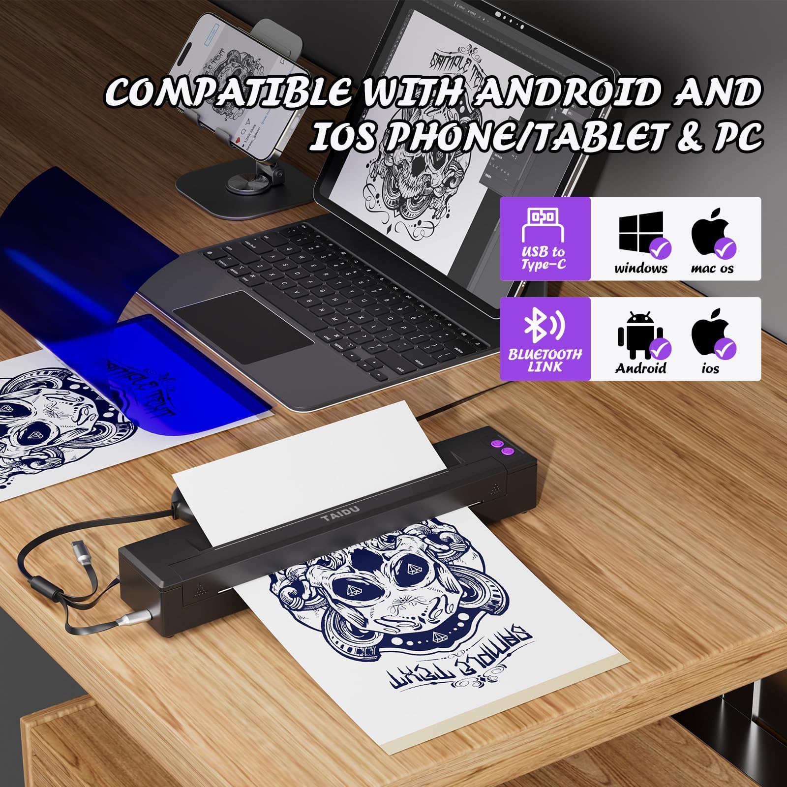 P19 Upgate Wireless Tattoo Thermal Printer Kit with 20 Sheets Tattoo Transfer Paper - Compatible with iPhone & Android Phones for Professional Tattoo Artists & Beginners - Perfect for Tattoo Studio, Home Practice & Temporary Tattoo Designs