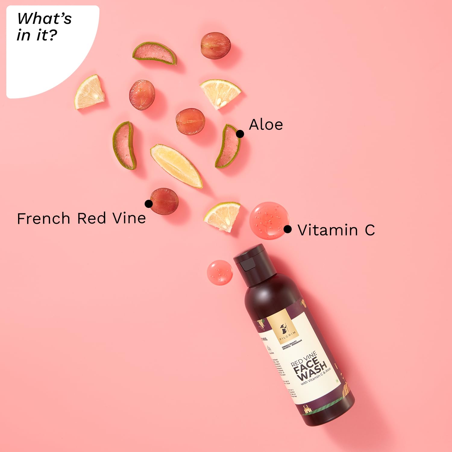 Pilgrim French Red Vine Vitamin C Face Wash with Aloe Vera - Anti-Aging & Dark Spot Treatment for Dry Skin | Gentle Daily Cleanser for Men & Women | 100ml | Perfect for Morning & Night Skincare Routine