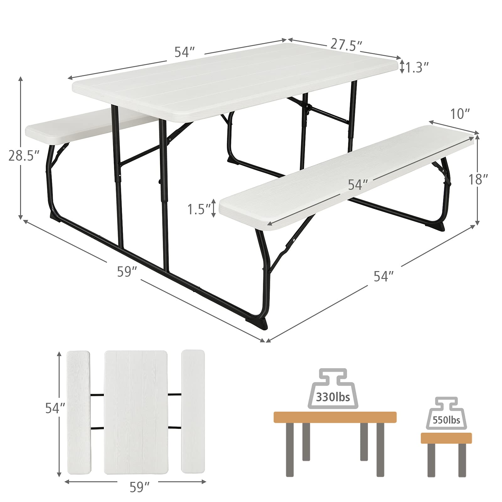 GYMAX 550 LBS Capacity Folding Picnic Table with Benches - Weather-Resistant Portable Outdoor Picnic Table for Patio, Deck, BBQ, Camping & Backyard Gatherings - Easy Setup Wood-Like Design (White)