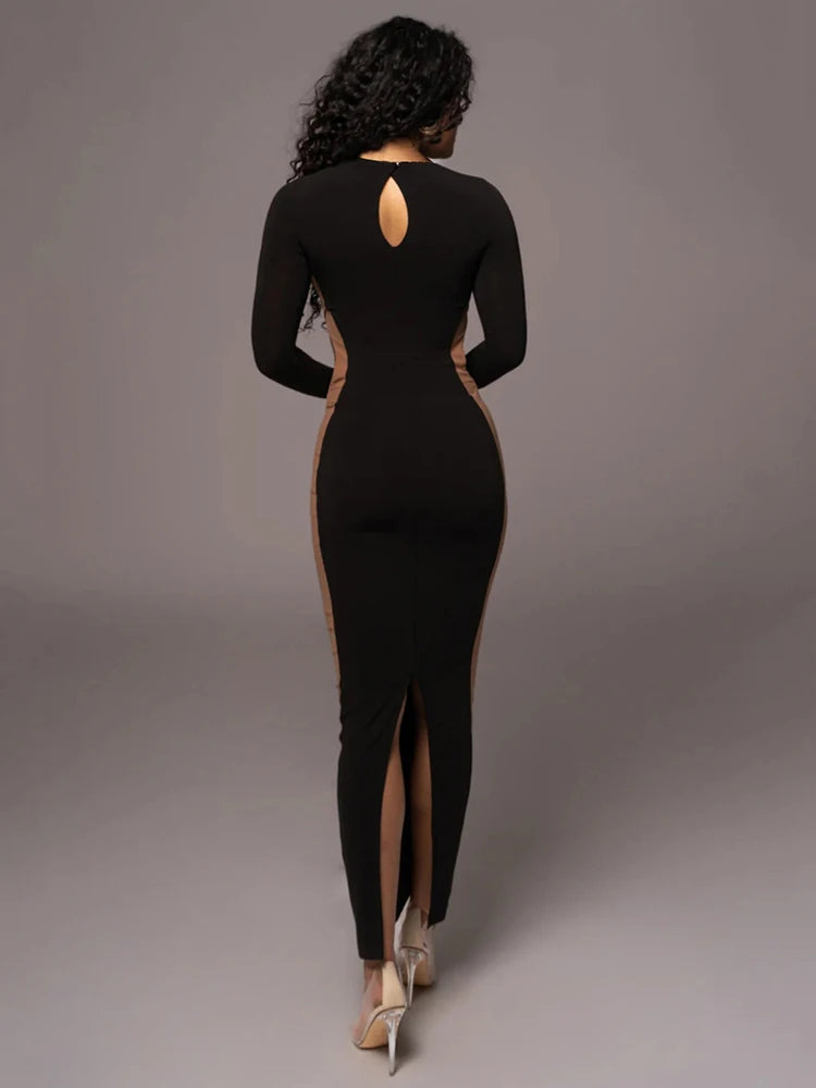 Women's Autumn/Winter Long Sleeve Hollow Out Split Bodycon Dress - Stretchy Tight Maxi Dress for Party, Club & Evening Wear | Elegant Night Out & Special Occasion Outfit