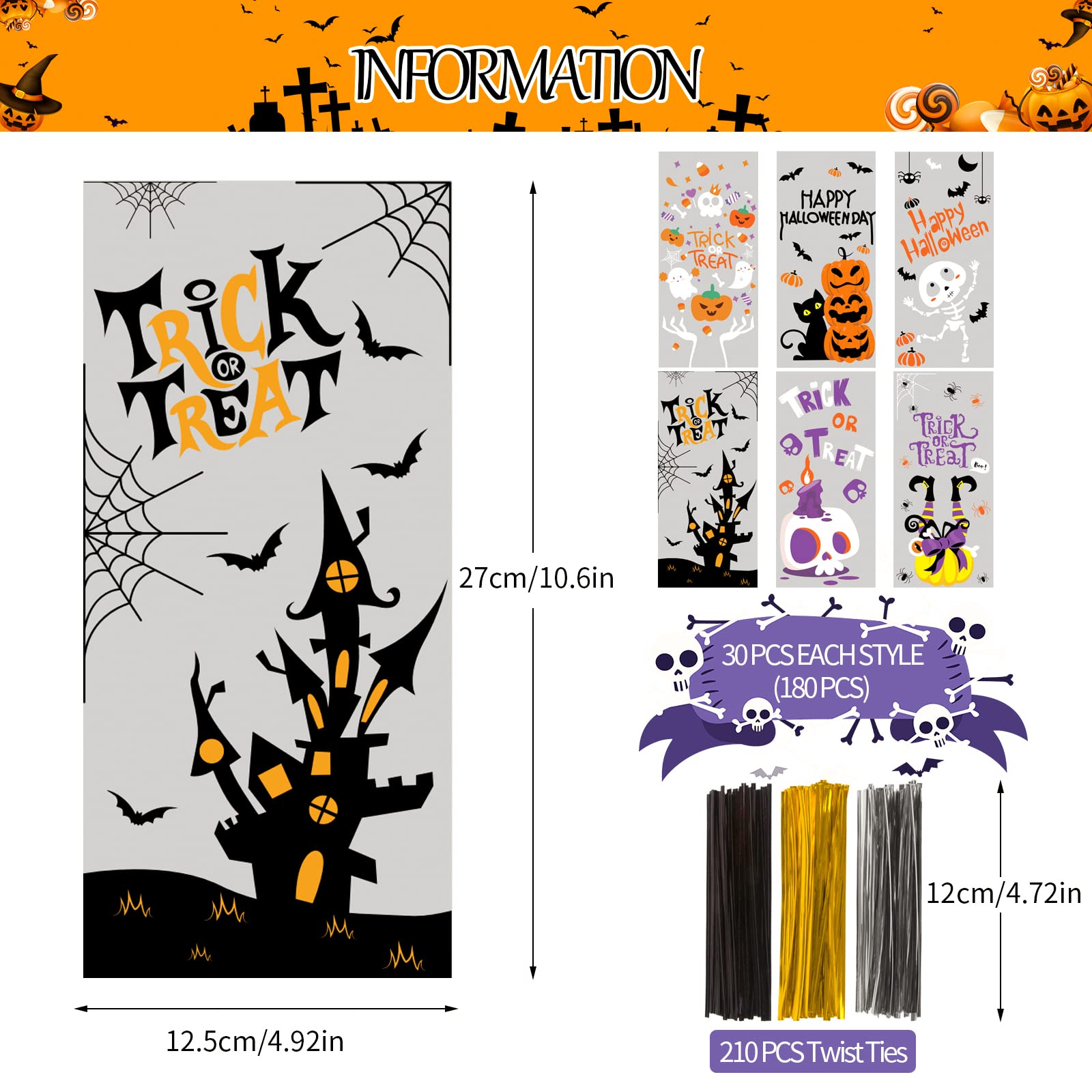 180 Pack Halloween Cellophane Treat Bags - Clear Plastic Goodie Candy Bags for Kids Party Favors with 210 Twist Ties | Bulk Snack Bags for Trick-or-Treat, Classroom Treats & Halloween Party Supplies