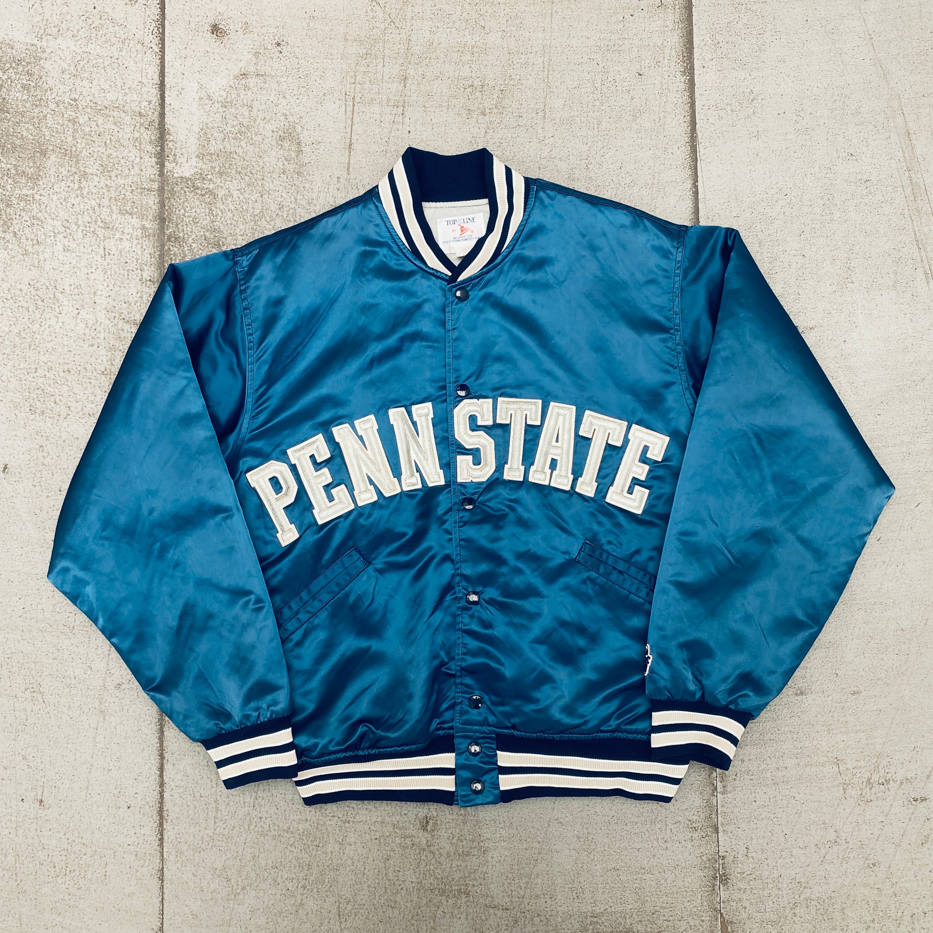 Vintage 1980s Penn State Nittany Lions Satin Varsity Bomber Jacket with Embroidered Spellout - Large Size | Retro College Football Fan Apparel for Game Day & Casual Wear