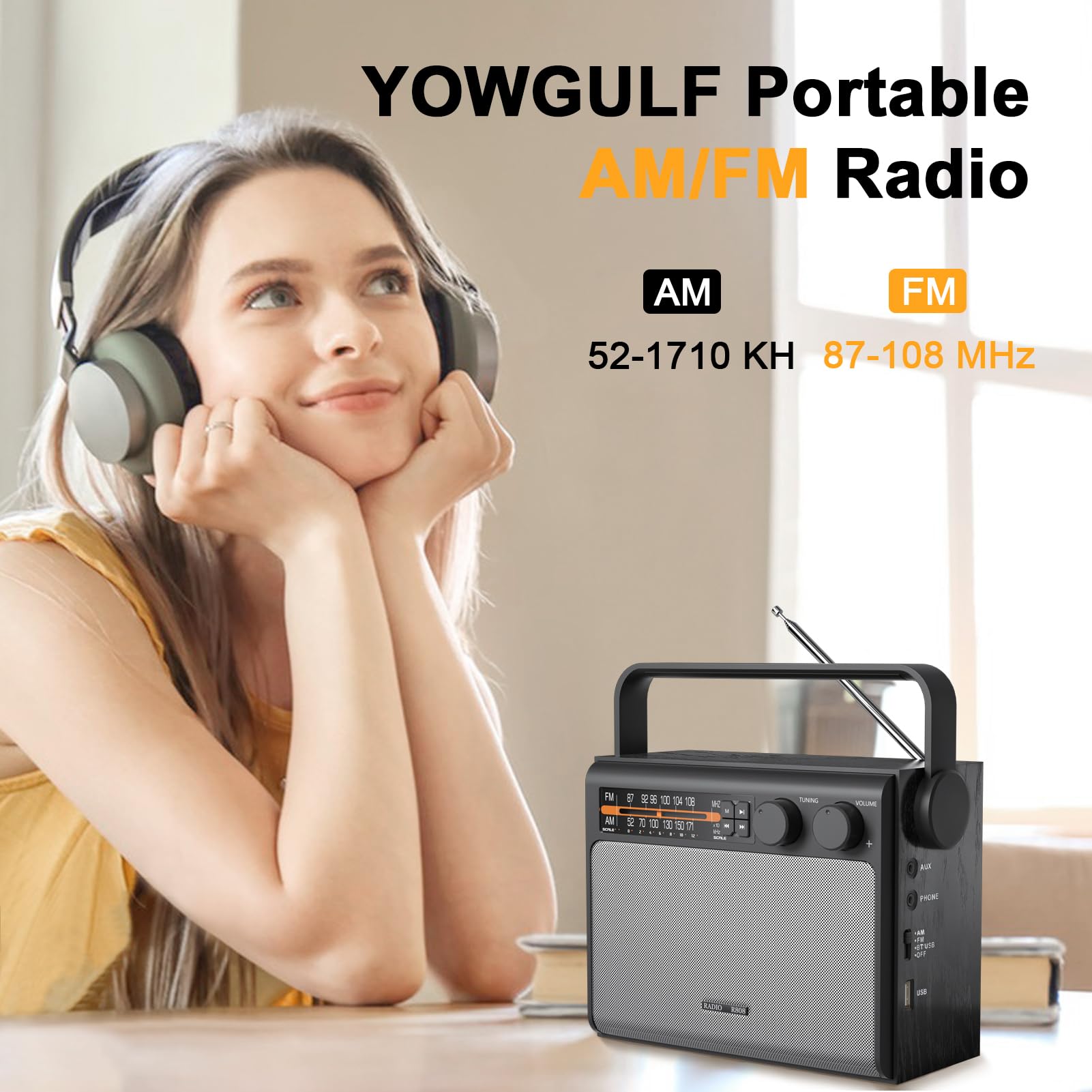 Portable AM FM Radio with Bluetooth - Best Reception, Battery or Wall Powered, Headphone Jack, USB, Aux Input, Big Speaker - Perfect for Home, Outdoor, Camping, Travel & Gifts