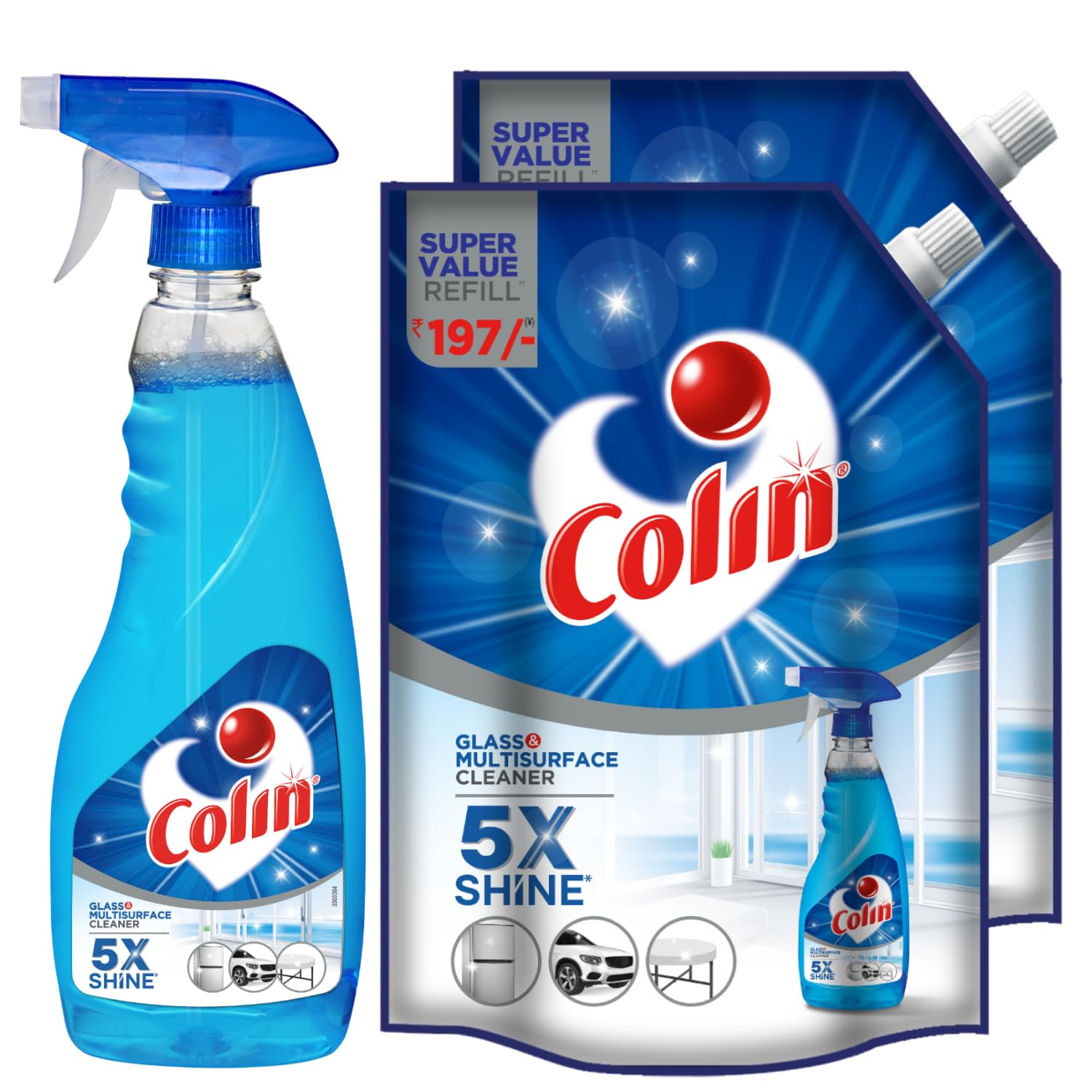 Colin 2.5L Glass and Surface Cleaner Spray - 1L Refill x 2 + 500ml Bottle Combo | Streak-Free Cleaning for Windows, Mirrors, Cars & Kitchen | Multi-Surface Cleaner for Home & Office Use