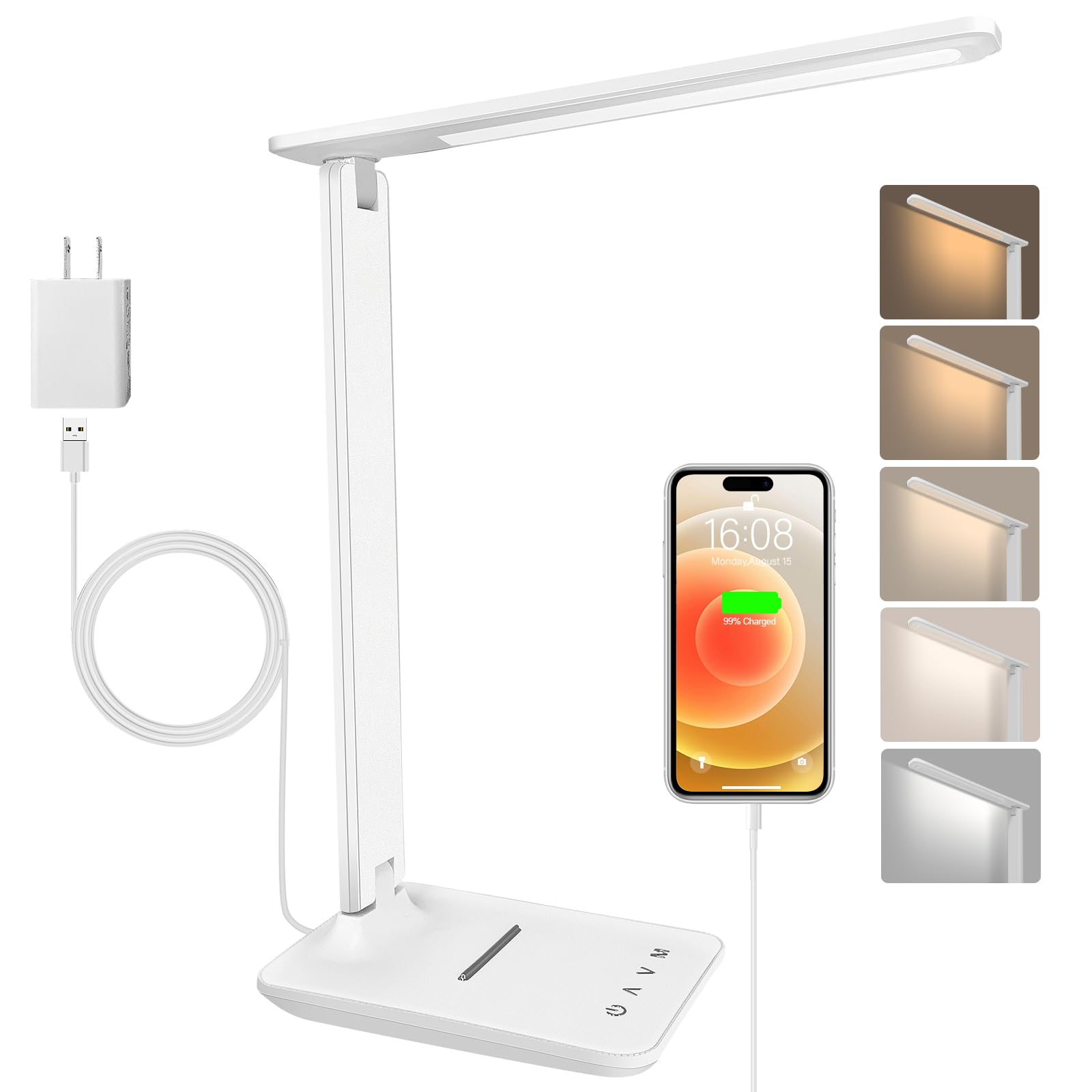 Karidi LED Desk Lamp - Dimmable Table Lamp with USB Charging Port, 5 Lighting Modes & Touch Control, Foldable Portable Reading Light for Home Office, Bedroom, Study - Perfect for Night Reading & Work (White)
