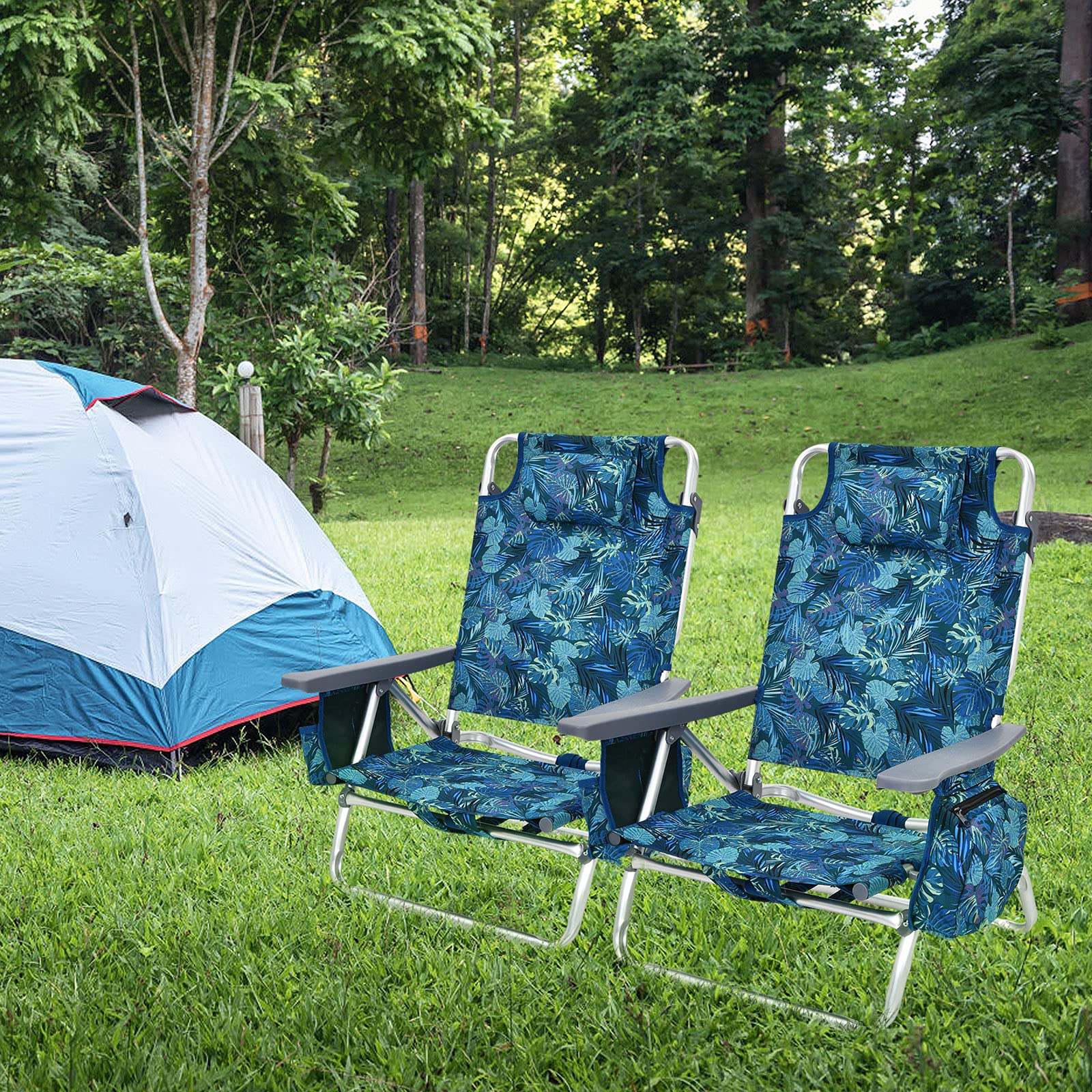 GYMAX 4-Pack Portable Folding Beach Chairs with Cooler Bag, Cup Holder & Pockets - Lightweight Backpack Camping Chairs for Outdoor, Picnic, Poolside, Backyard & Beach Relaxation (Blue Leaves)