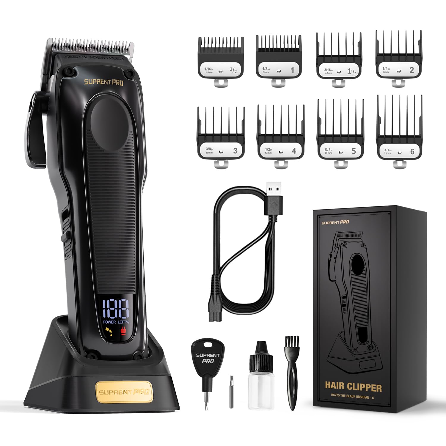 SUPRENT PRO Professional Hair Clippers for Men - Cordless Hair Trimmer with High Torque Brushless Motor & Detachable Blades - Barber Clipper Set with Charging Stand - Perfect for Home Haircuts, Salon Styling & Beard Grooming - Premium Gift Kit for Men