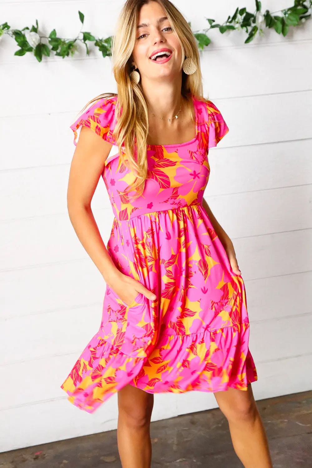 Fuchsia & Orange Tropical Floral Square Neck Summer Dress for Women - Beach Vacation, Party & Casual Outfit