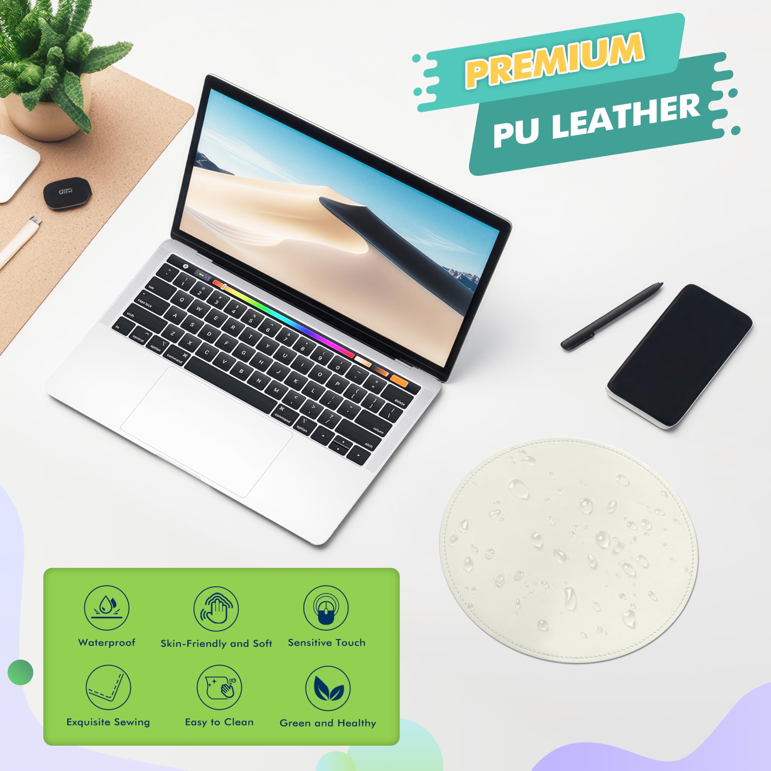 Premium Round PU Leather Mouse Pad with Stitched Edge & Non-Slip Micro-Fiber Base - Waterproof Desk Mat for Computer, Laptop, Gaming (9x9 Inch, White) - Perfect for Office, Home & Gaming Setups